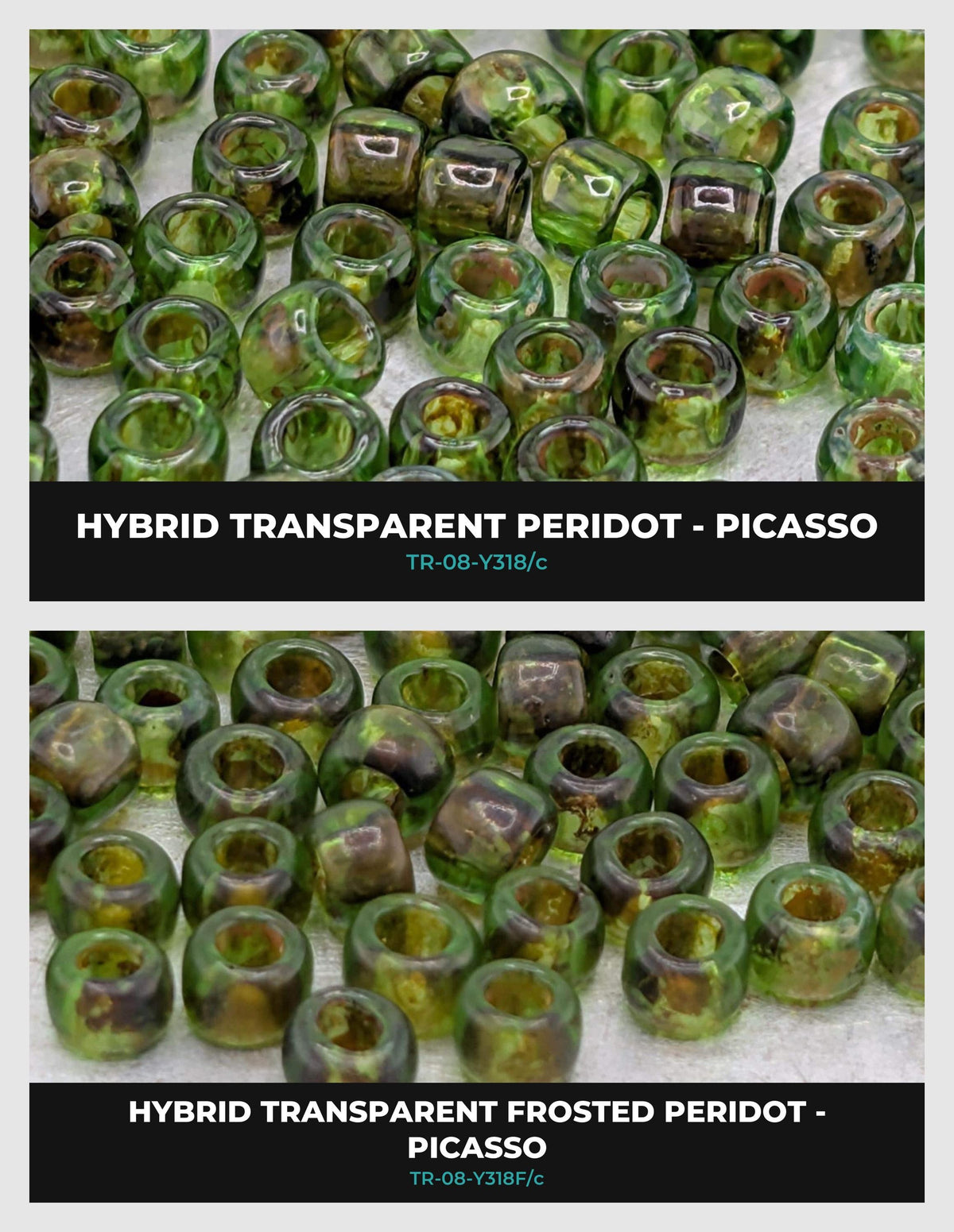 The image is a collage of two images showing different types of green glass beads, including hybrid transparent and frosted peridot beads.