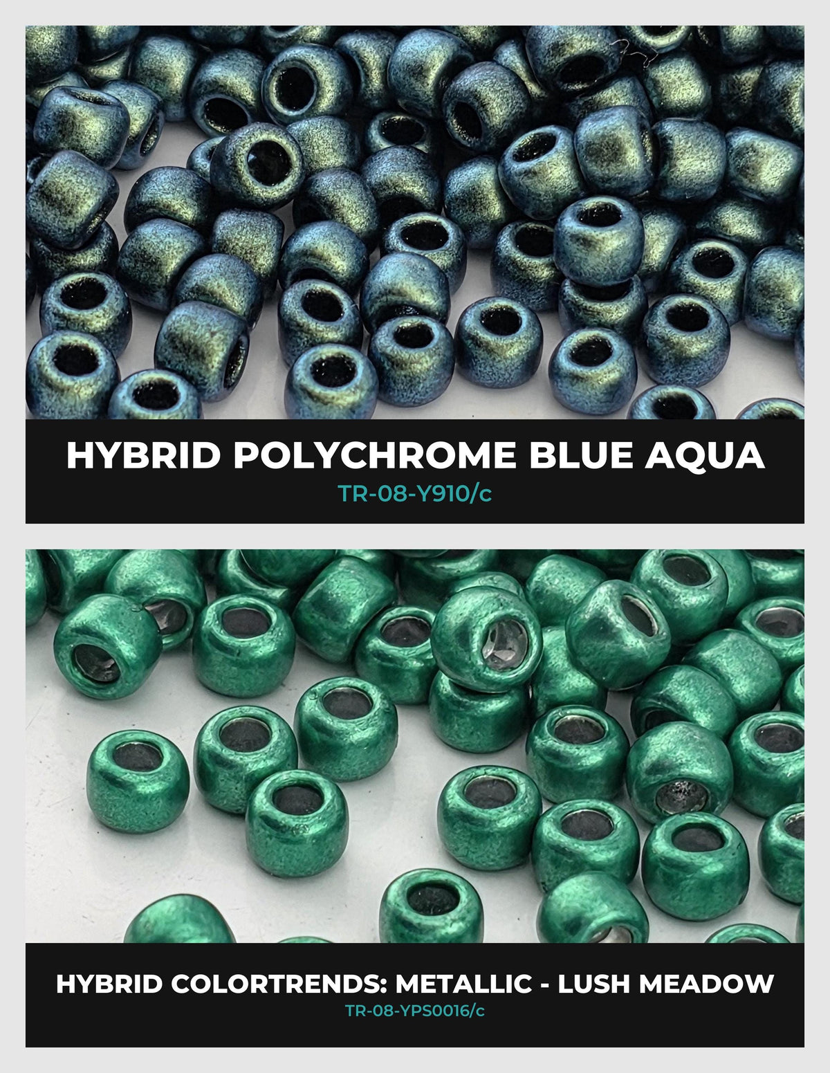 The image is a collage of two images showing different types of green beads, including metallic and lush meadow beads. The text in the image provides information about the beads, such as their color, size, and material.