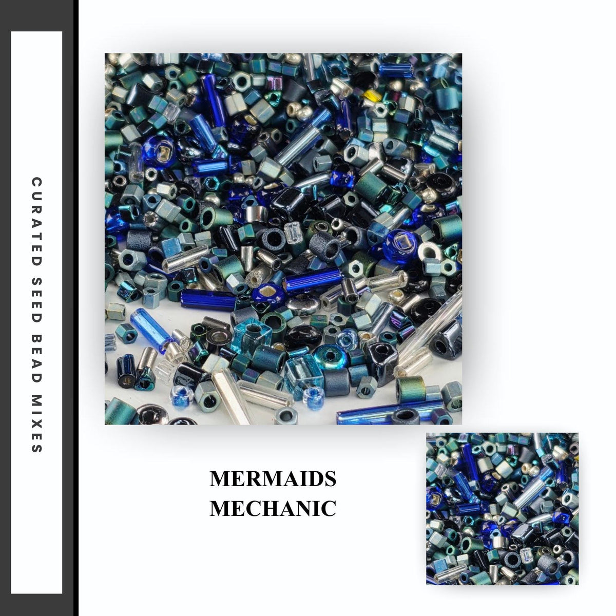 The image is a collage of various beads and nuts, with the text "Mermaids Mechanic" overlaid on the image.