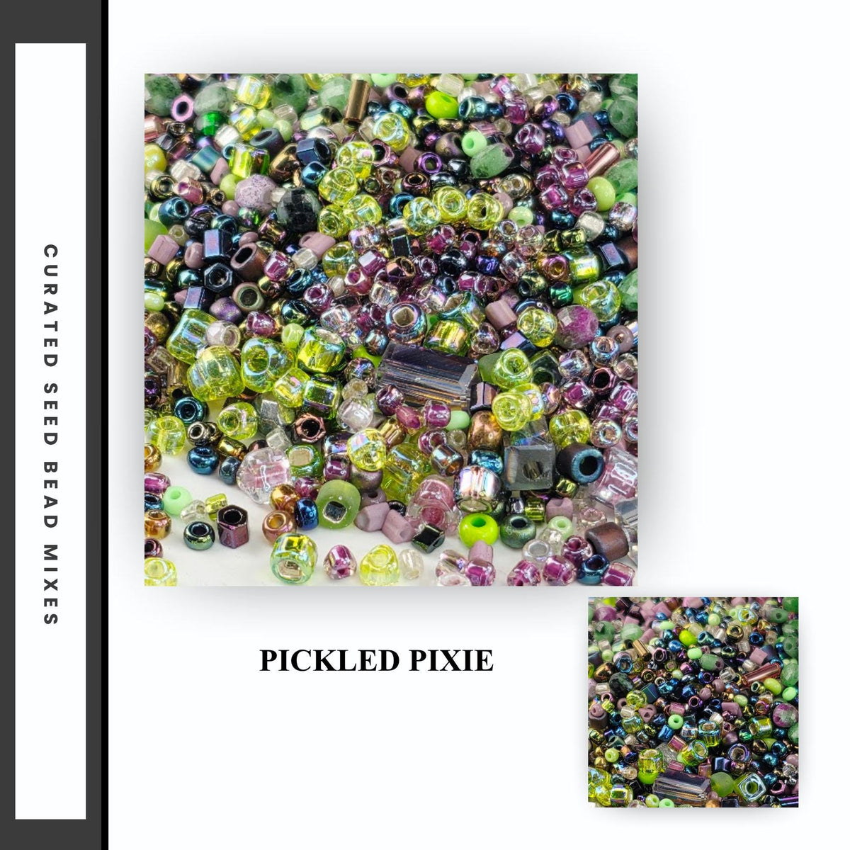 A collage of various colorful beads, including green, purple, and yellow beads, as well as some multicolored beads. The image is labeled "Pickled Pixie" and is described as a collection of seed bead mixtures.