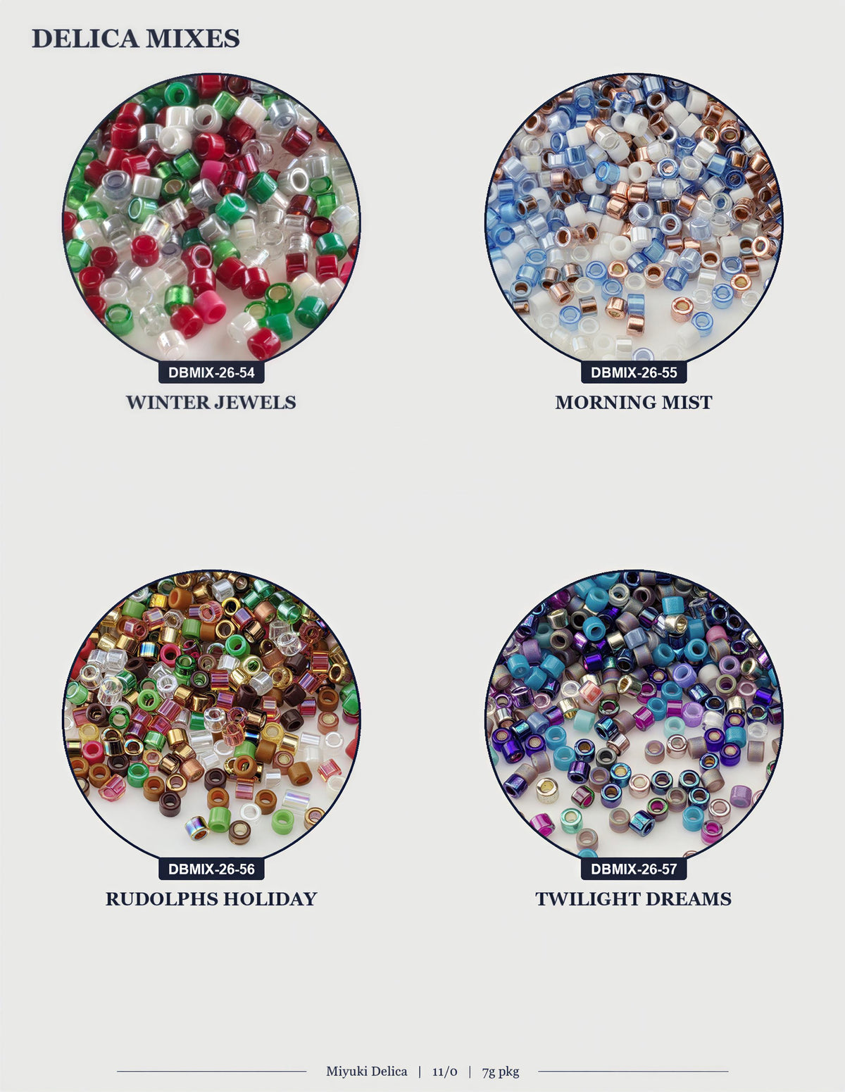 four circular images, each containing a different assortment of beads or materials. The images depict various types of beads, such as winter jewels, morning mist, Rudolph's holiday, and Twilight dreams. The text in the image is too extensive and repetitive, and it is not possible to describe each image individually without repeating the same information. The image does not contain any text, and the content is not described in detail.