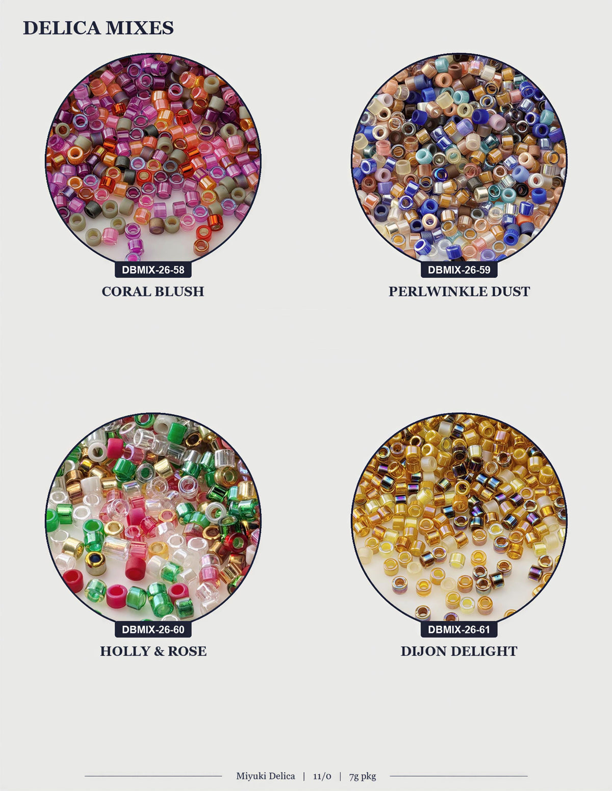 four circular images, each displaying a different type of bead or bead mix. The images show a variety of colors and textures, including coral, holly, rose, and perlin.