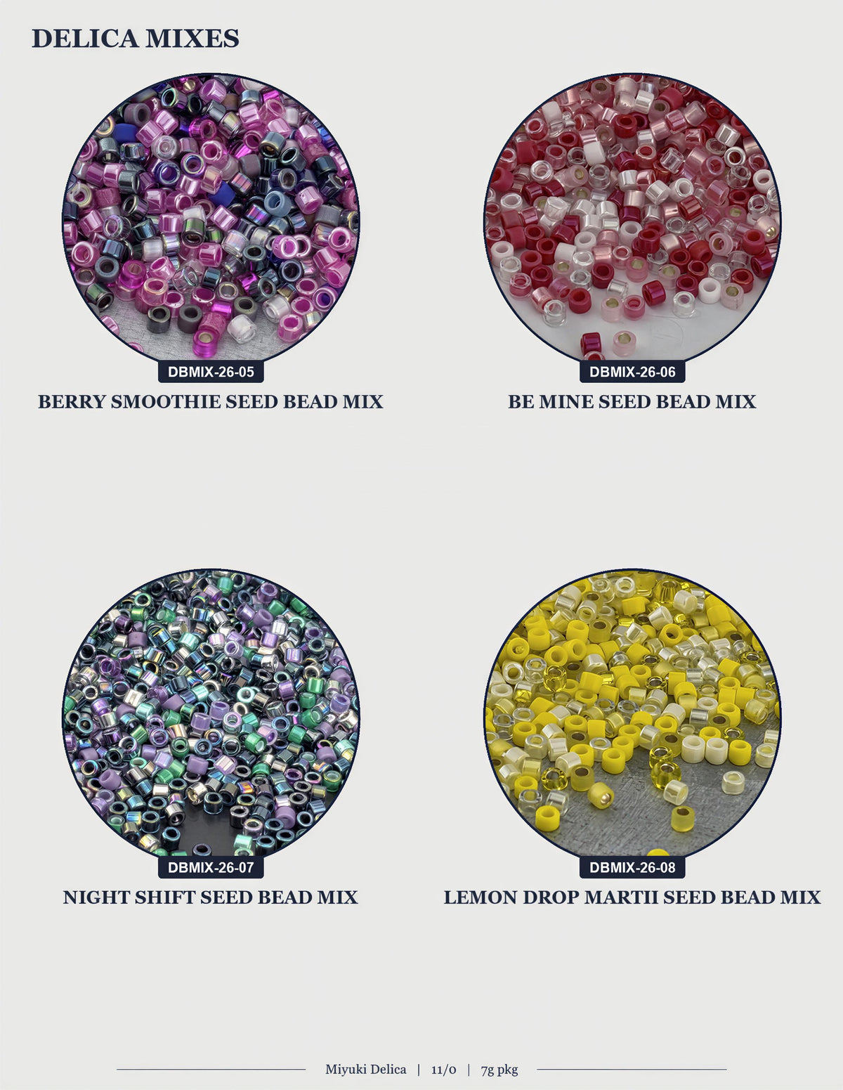 four circular images, each showing a different type of seed bead mix. The first image is a close-up of a berry smoothie seed bead mix, the second image is a close-up of a berry seed bead mix, the third image is a close-up of a lemon drop marti seed bead mix, and the fourth image is a close-up of a lemon drop marti seed bead mix.