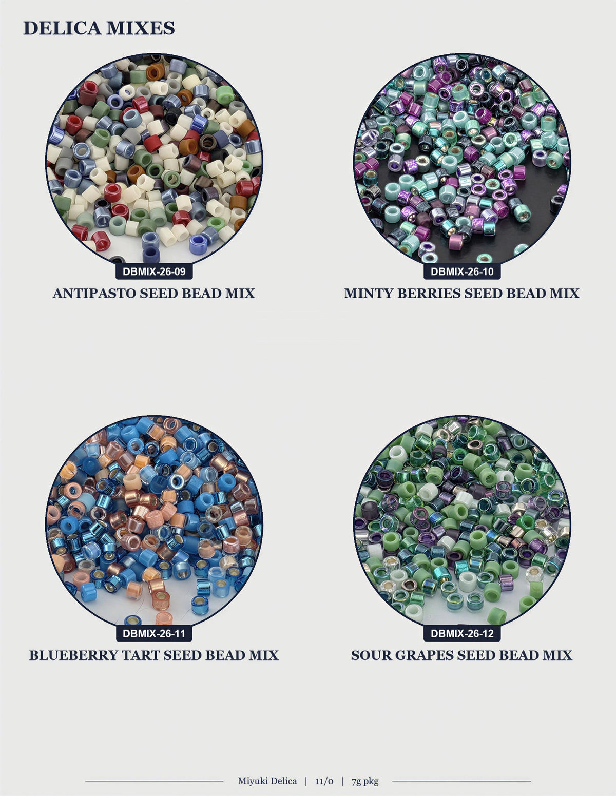 four circular images, each containing a different type of seed bead mix. The first image shows a variety of multicolored seed beads, the second image displays a blueberry tart seed bead mix, the third image features a sour grapes seed bead mix, and the fourth image shows a minty berries seed bead mix.