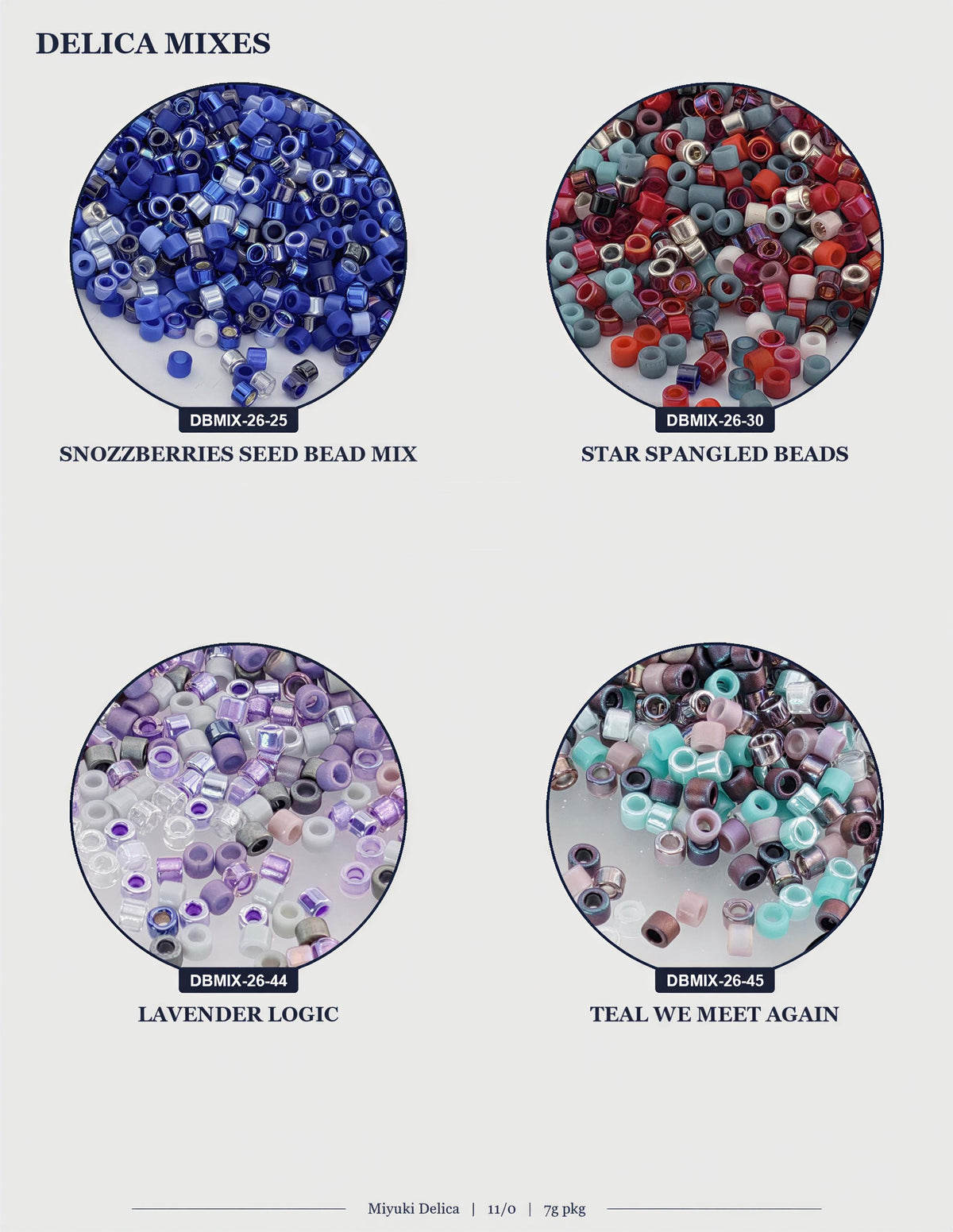 four circular images, each containing a different type of bead mix. The first image shows blue and white beads, the second image shows red and white beads, the third image shows purple and white beads, and the fourth image shows teal and white beads.