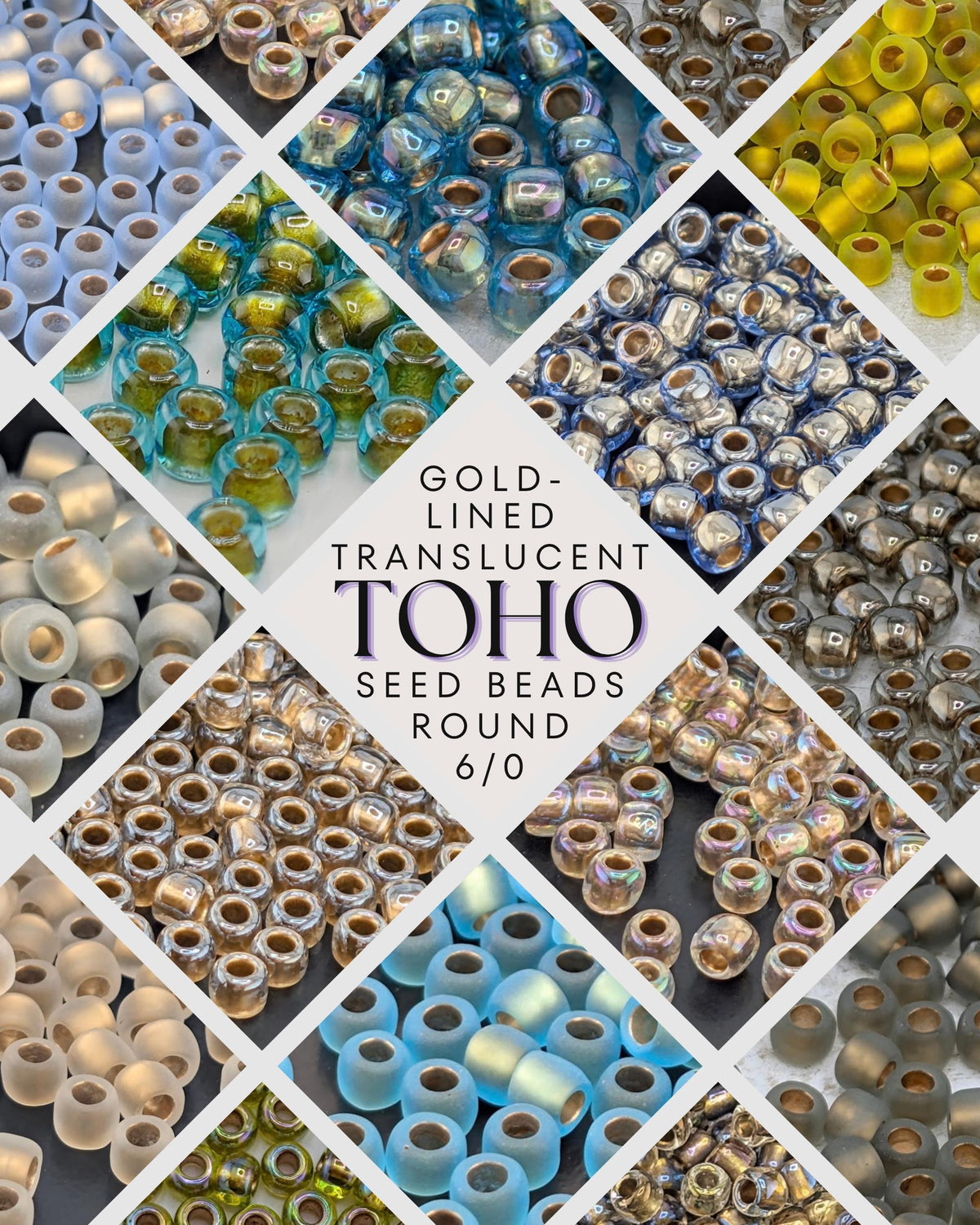 The image is a collage of various seed beads in different colors and sizes, arranged in a diamond-like pattern.