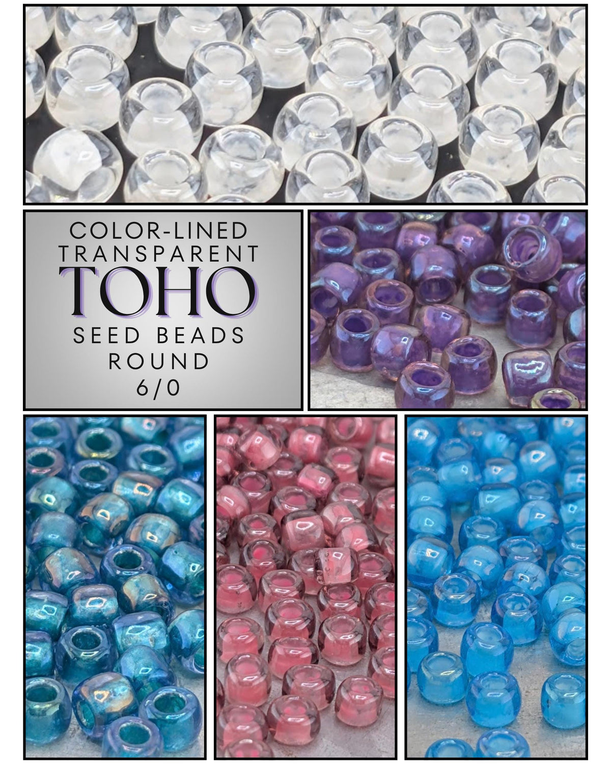 The image is a collage of six images showing various colored seed beads, including clear, purple, blue, and pink beads.