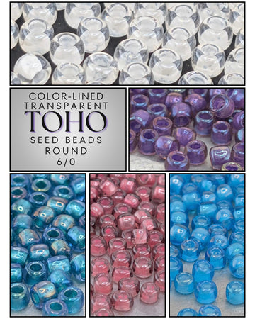 The image is a collage of six images showing various colored seed beads, including clear, purple, blue, and pink beads.