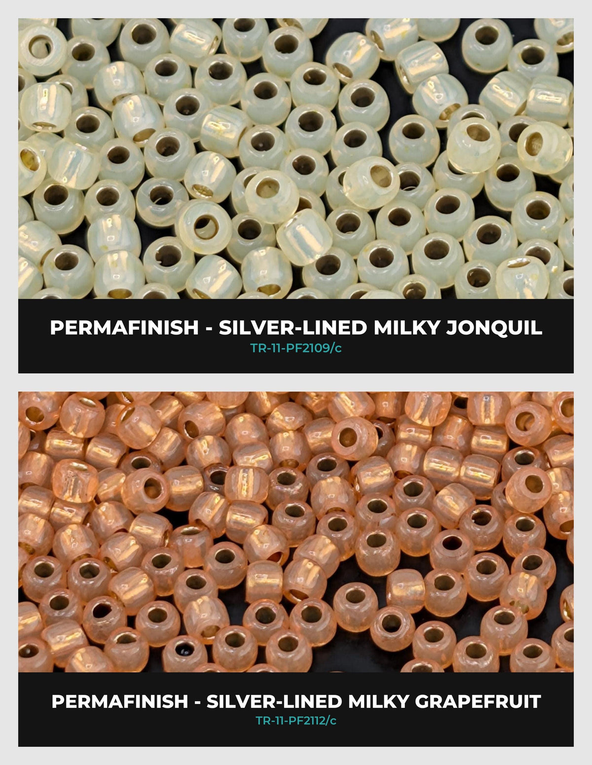 two different types of beads: Permafinish beads in silver-colored liquid and Milky Jonquil beads in a pinkish liquid.