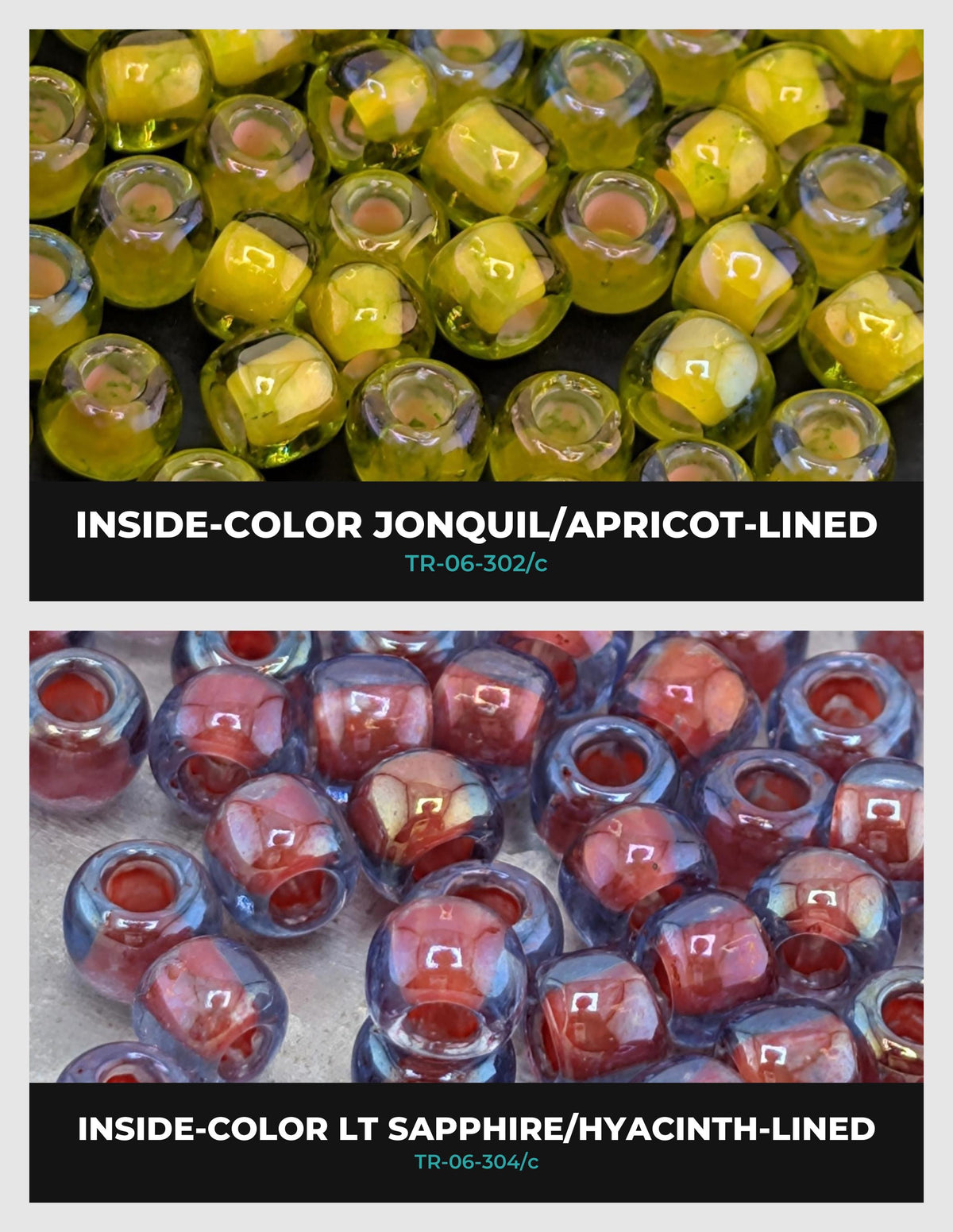 The image is a collage of two images showing different types of beads, including amber-colored beads and blue-colored beads.