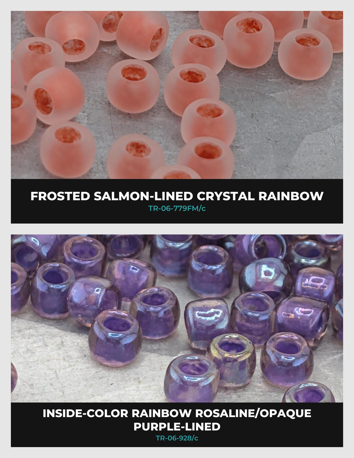 The image is a collage of two images. The top image shows a collection of pink crystal beads, while the bottom image displays a collection of purple crystal beads.