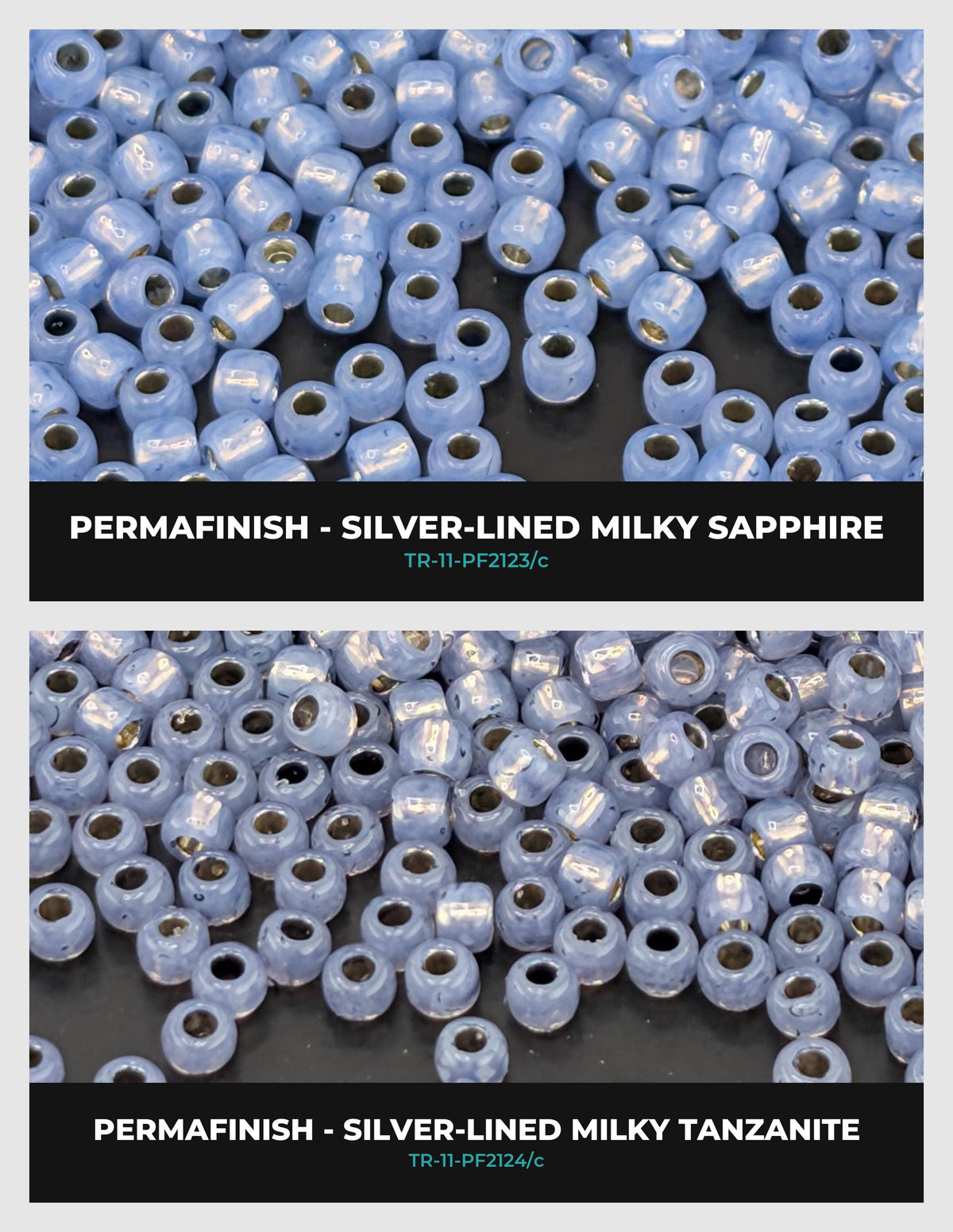 two different types of beads, each with a distinct color and texture. The first bead is silver-lined and milky sapphire, while the second bead is silver-lined and milky tanzanite. The beads are scattered across a surface, creating a visually appealing contrast between the two types of beads.