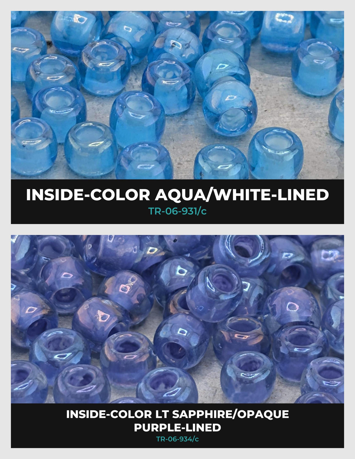 The image is a collage of two images showing different types of blue glass beads. The top image shows a collection of blue glass beads, while the bottom image shows a collection of blue glass beads with a purple lining.