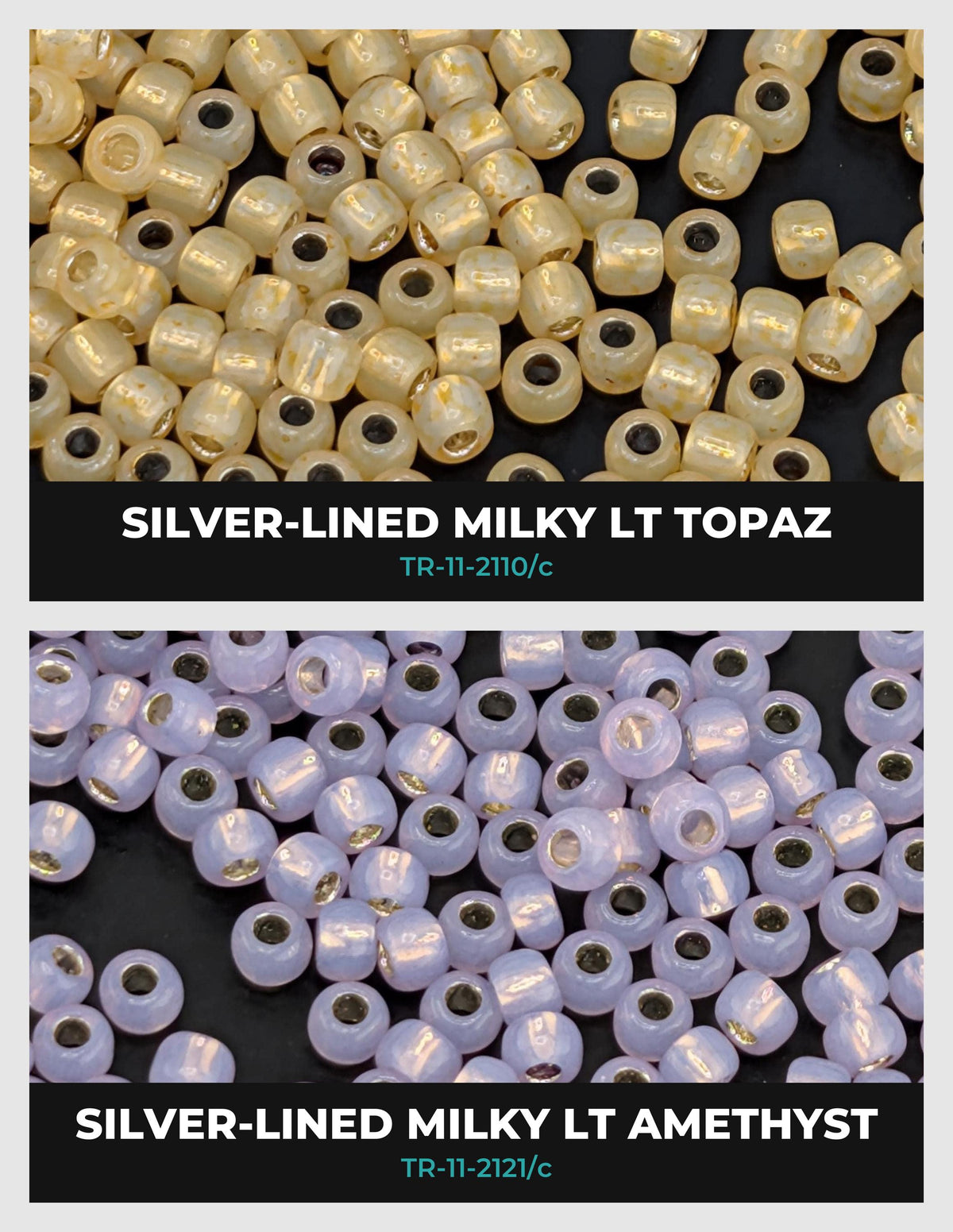 two separate images of beads, one with a silver-colored bead and the other with a purple-colored bead. The text in the image indicates the type of bead and its color.