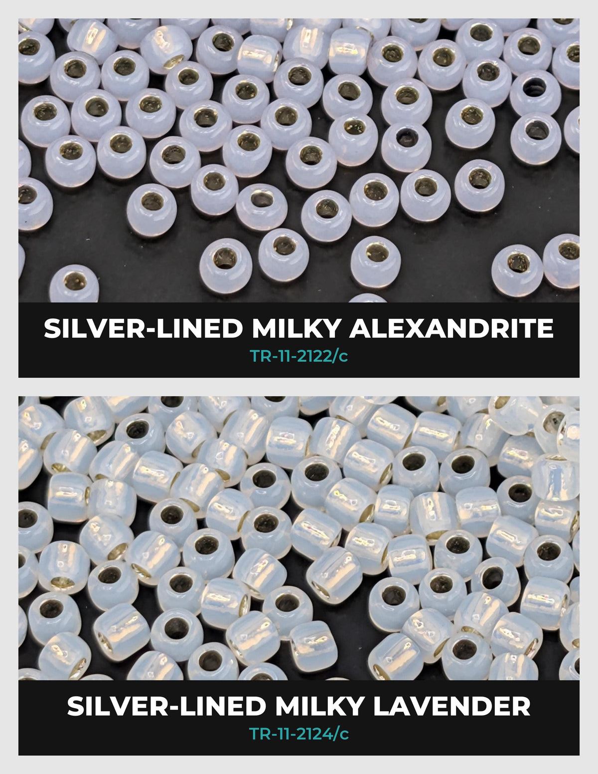 two different types of white beads: silver-lined milky Alexandrine and silver-lined lavender.