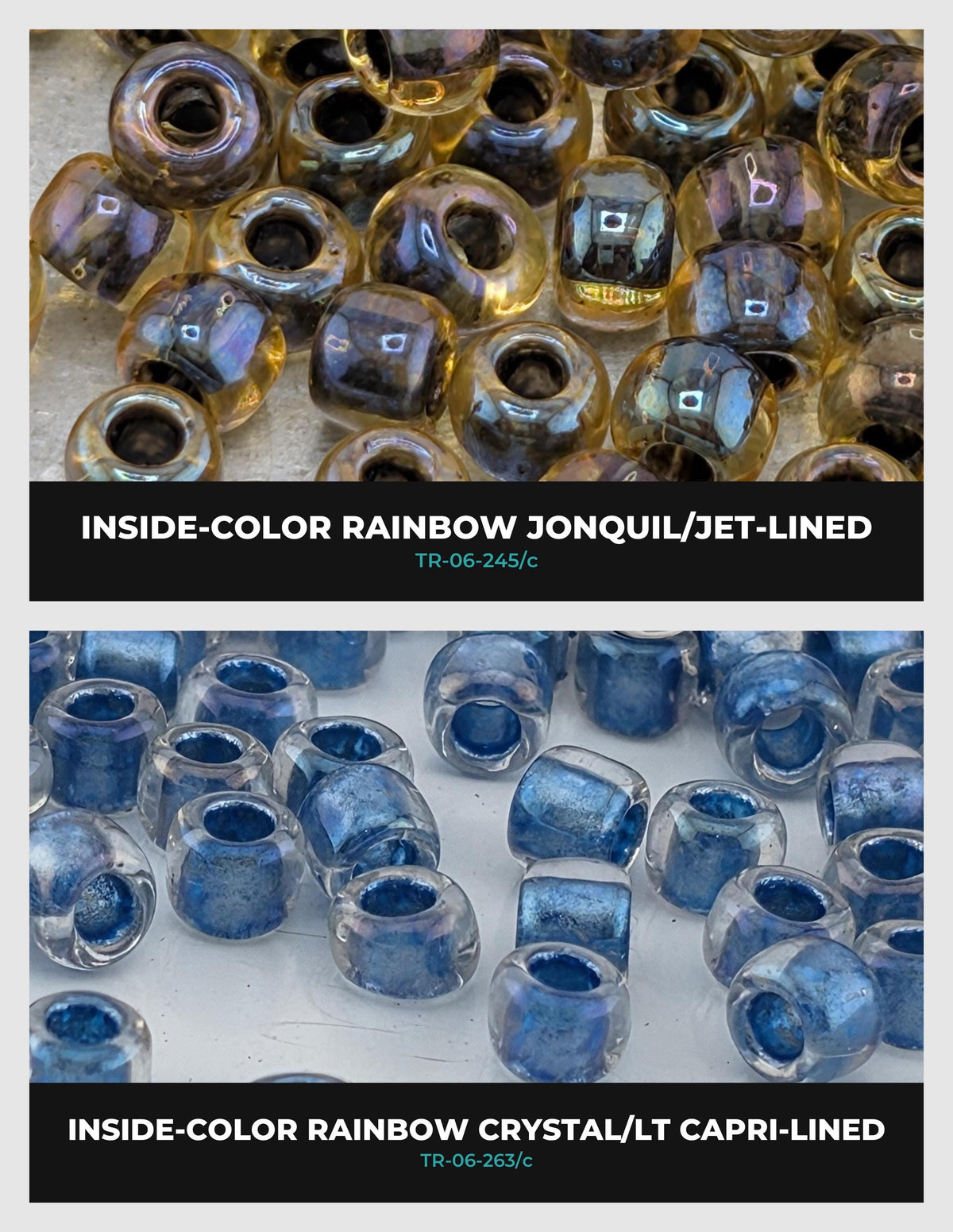 The image is a collage of two images showing different types of beads, including rainbow-colored and crystal-colored beads.