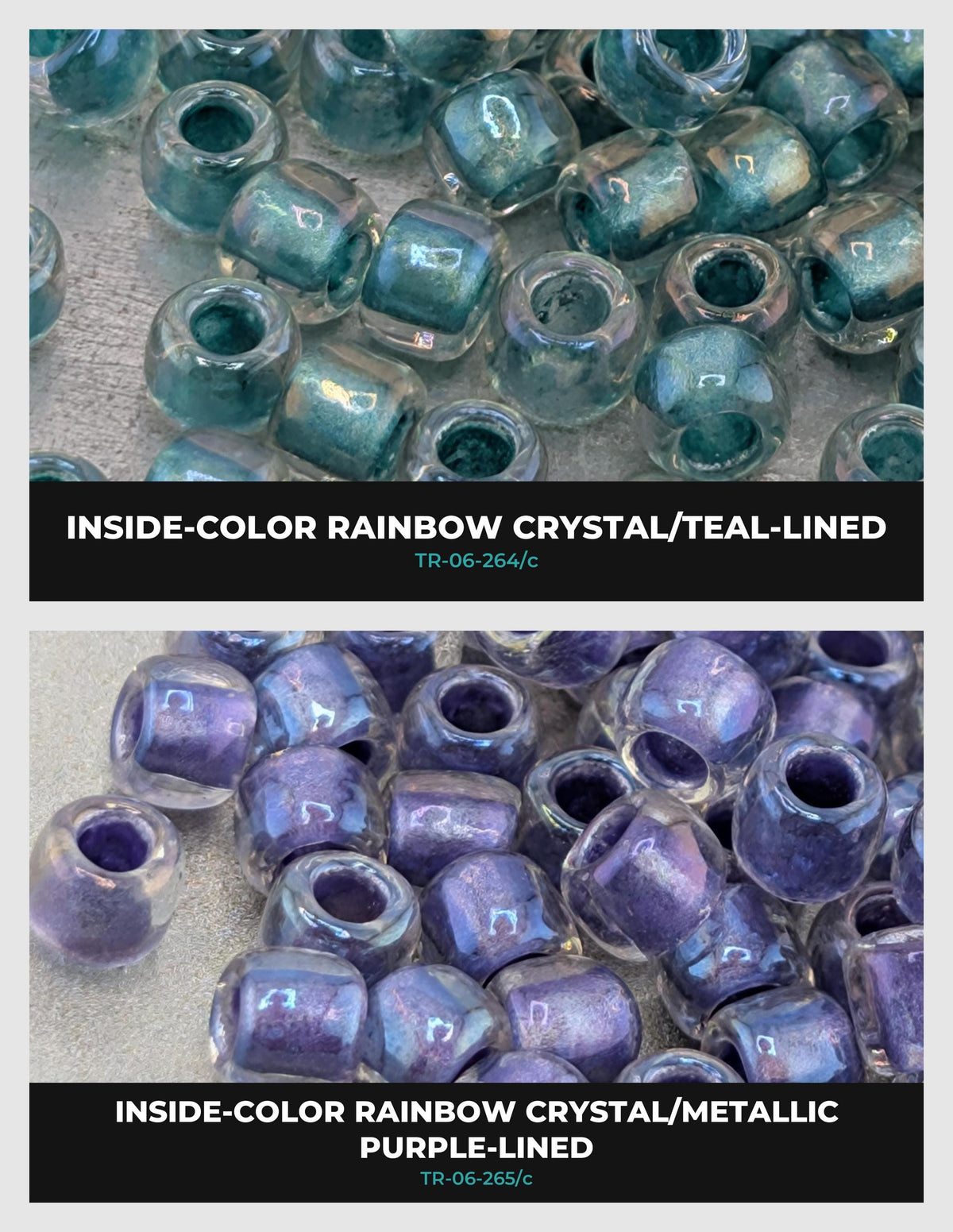 The image is a collage of two images showing different types of beads, including rainbow crystal and metallic purple beads.