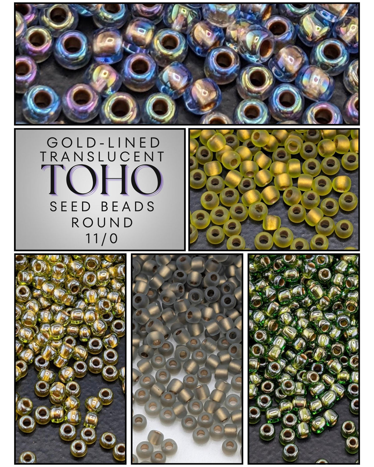 The image is a collage of various seed beads in different colors, including gold, silver, green, and blue.