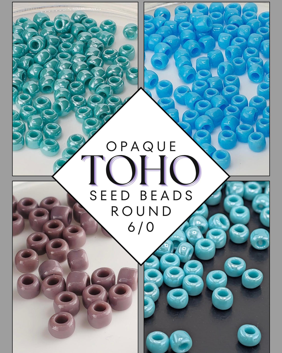 The image is a collage of four images showing different types of seed beads, including turquoise, brown, blue, and black beads.