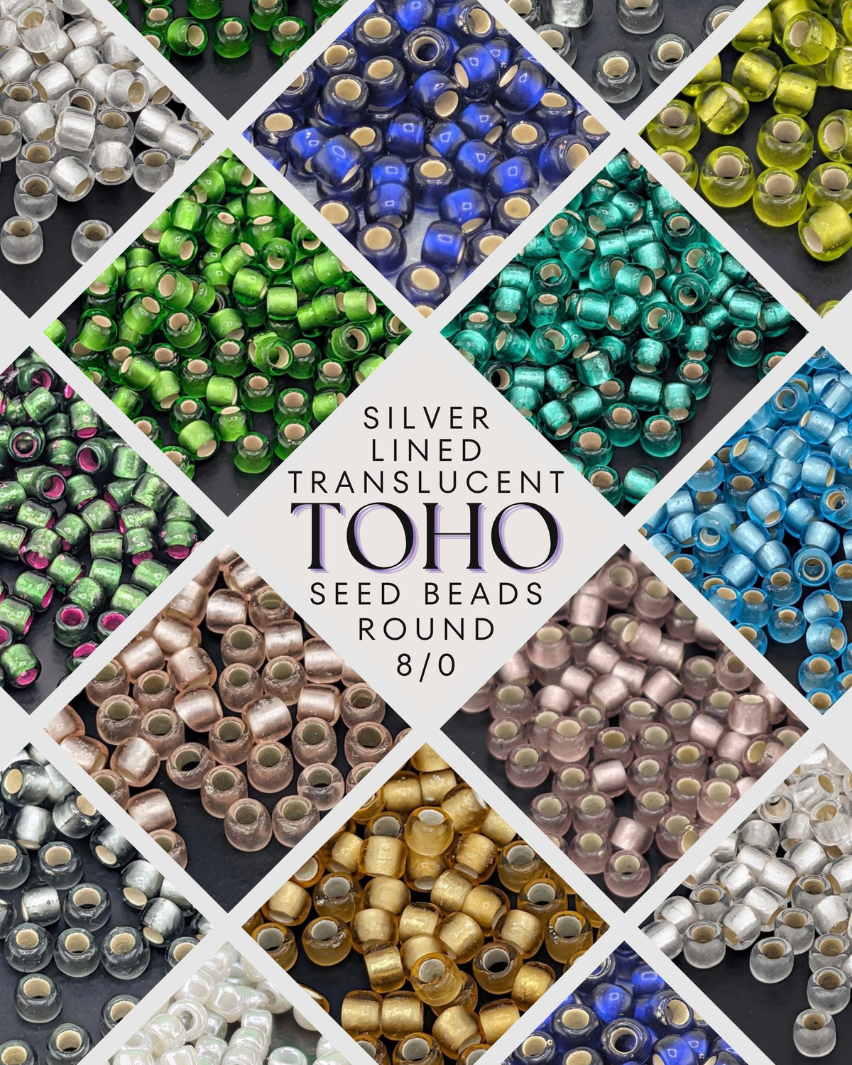 The image is a collage of various seed beads in different colors and sizes, arranged in a diamond-like pattern.