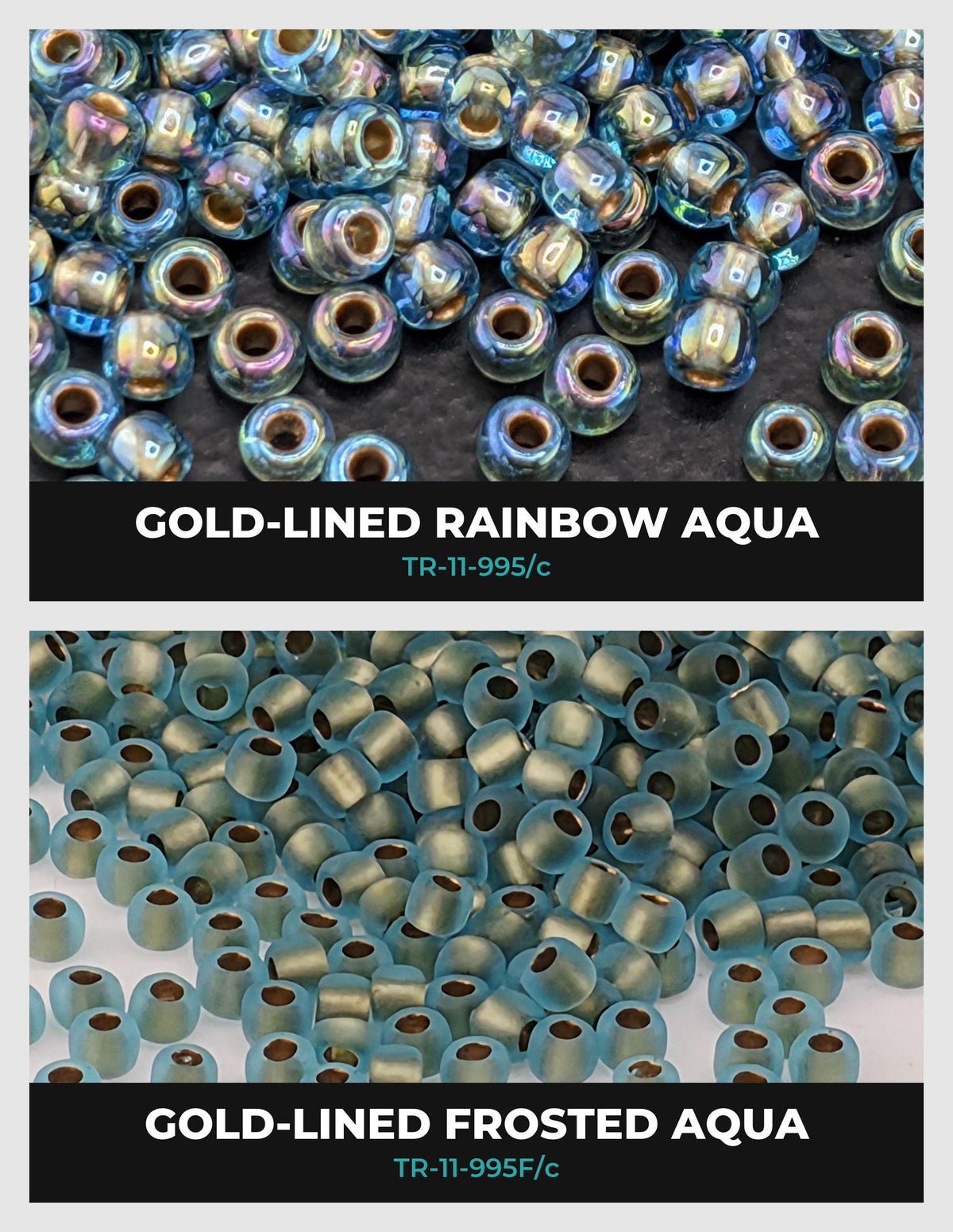 two different types of beads: gold-lined rainbow aqua and gold-lined frosted aqua. The gold-lined rainbow aqua beads are scattered across the top half of the image, while the gold-lined frosted aqua beads are spread across the bottom half.