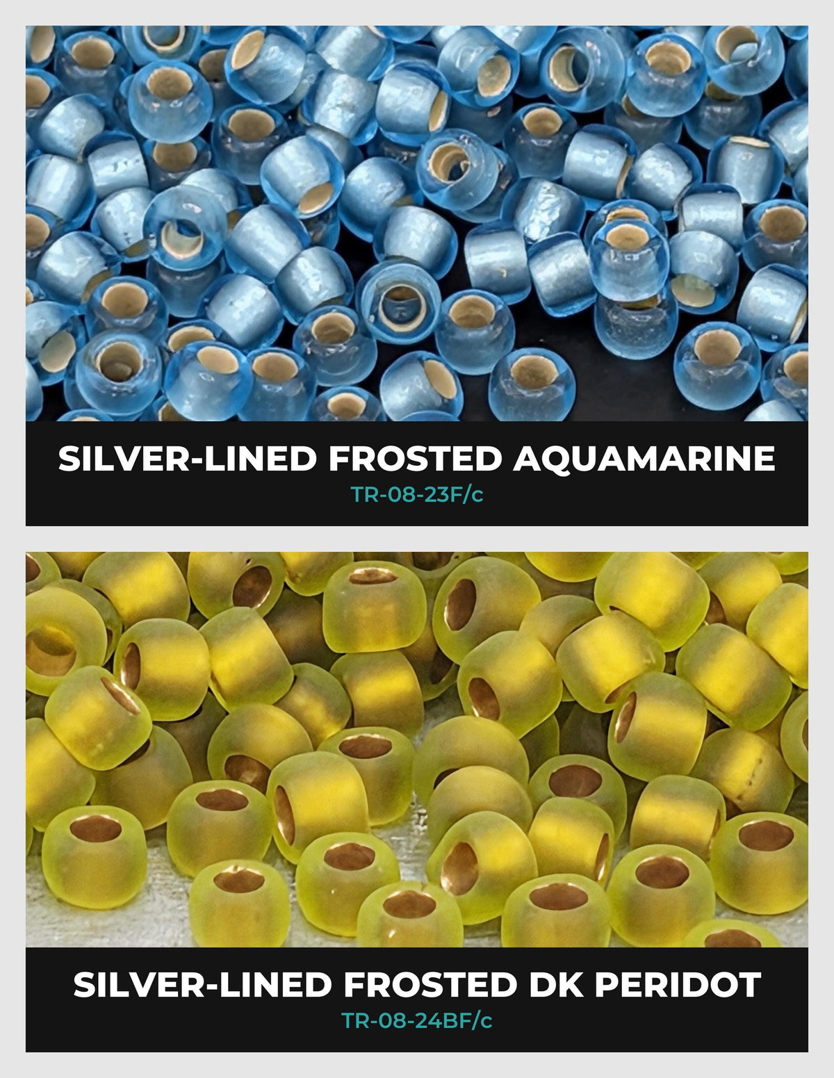 The image is a collage of two images, each showing a different type of aquamarine bead. The first image displays silver-lined frosted aquamarine beads, while the second image shows yellow frosted diamonds.