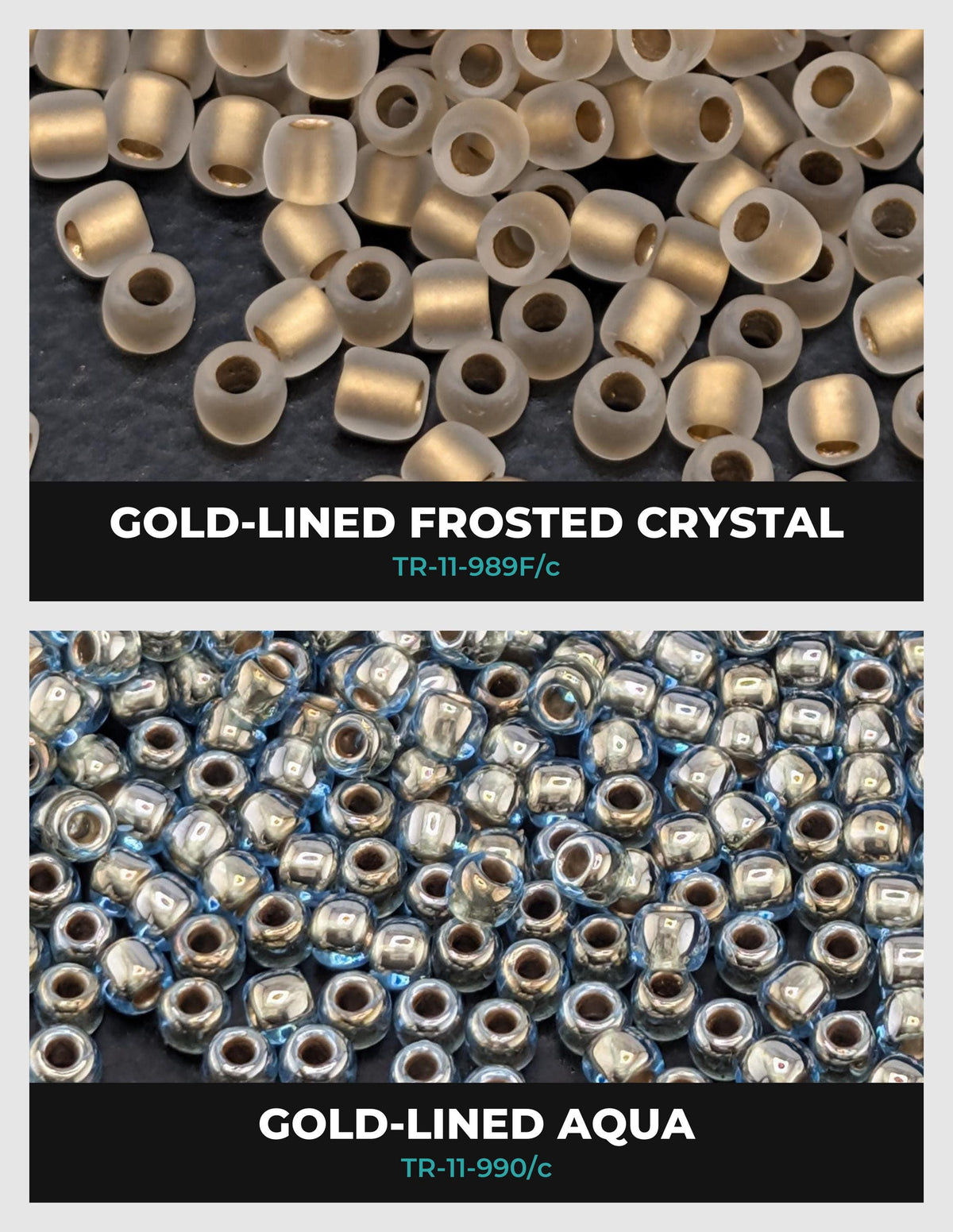 The image is a collage of two images, each showing a different type of bead material: gold-lined frosted crystal and gold-lined aqua.