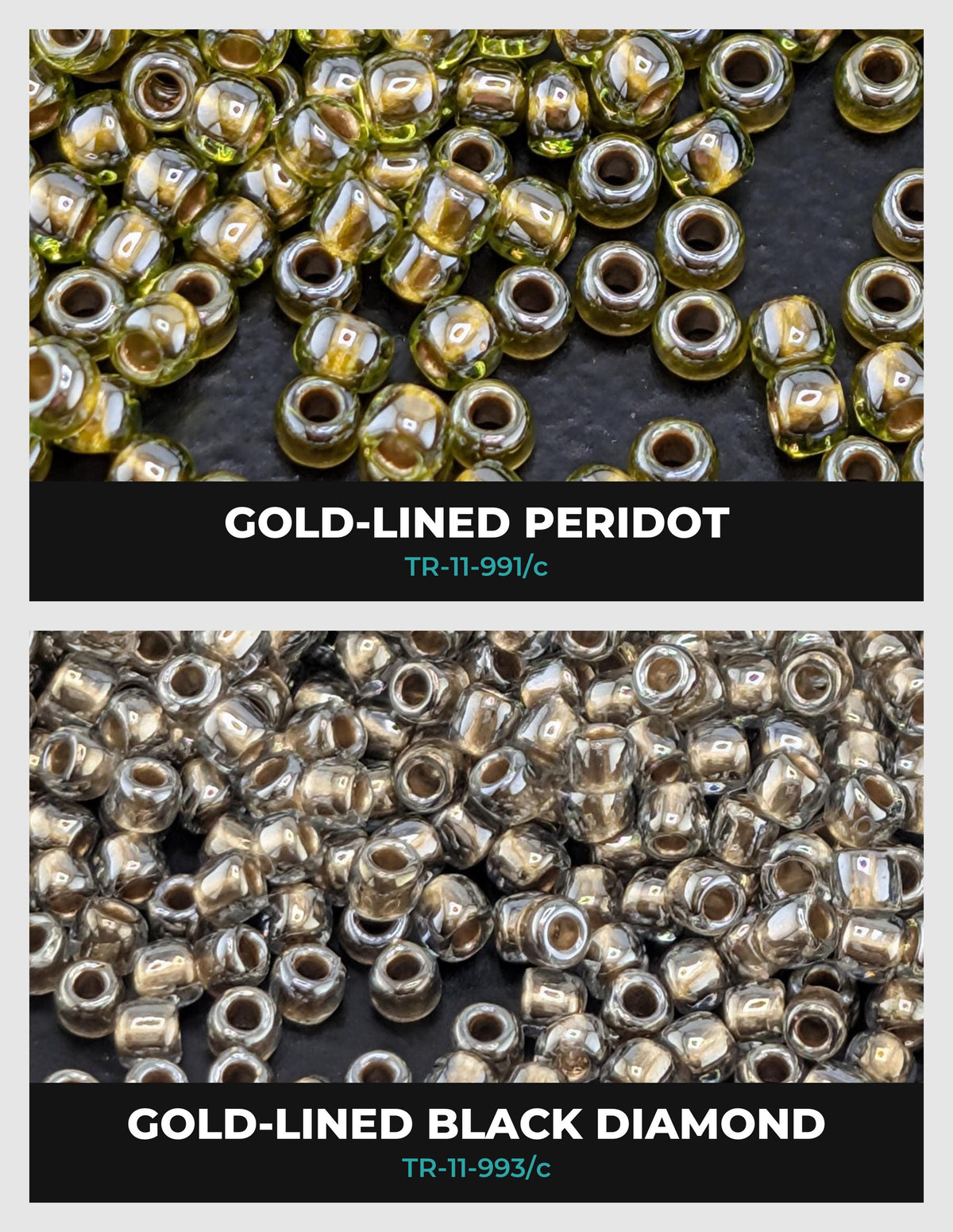 two different types of beads: gold-lined peridot beads and black diamond beads. The gold-lined peridot beads are arranged in a pattern, while the black diamond beads are scattered randomly.