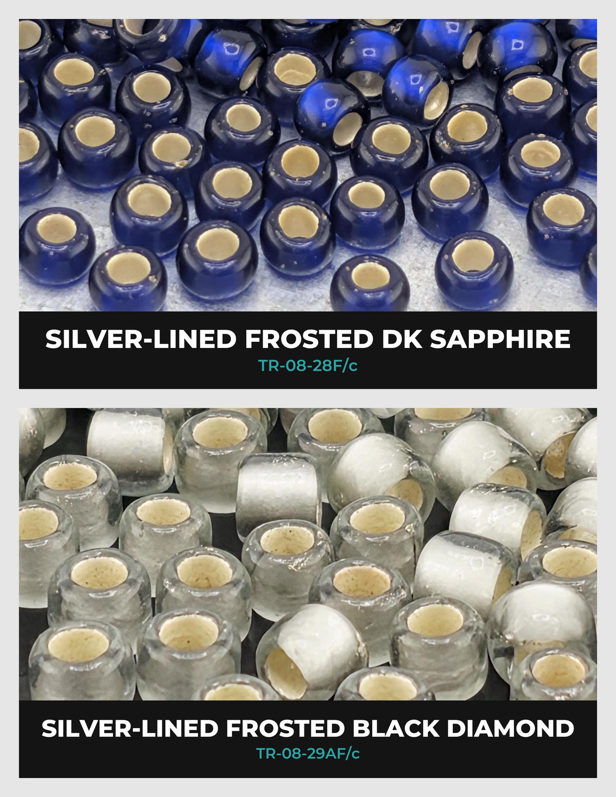 two sets of blue and silver-colored beads, with the top set being silver-lined frosted and the bottom set being frosted black diamonds.