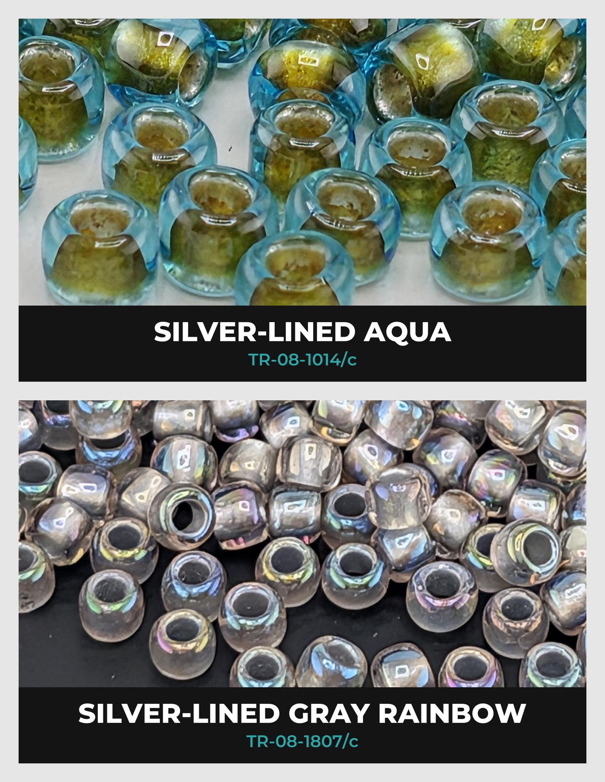 The image is a collage of two images, each showing a different type of glass bead. The top image displays a collection of silver-lined aqua glass beads, while the bottom image shows a collection of silver-lined gray rainbow glass beads.