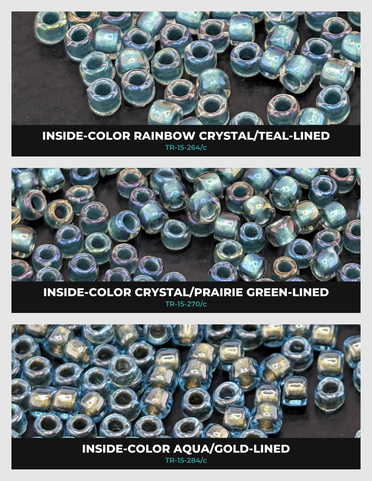 three different types of beads, each with a unique color and pattern. The beads are arranged in a way that showcases their distinct characteristics.