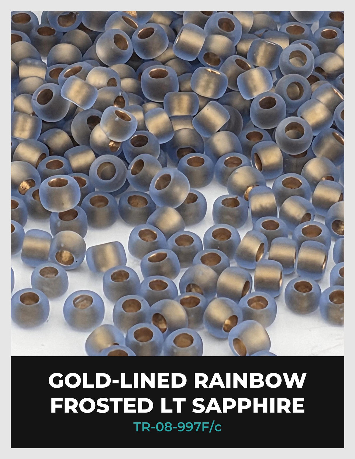 The image is a collage of multiple images featuring gold-lined rainbow-colored frostedLT sapphire beads.