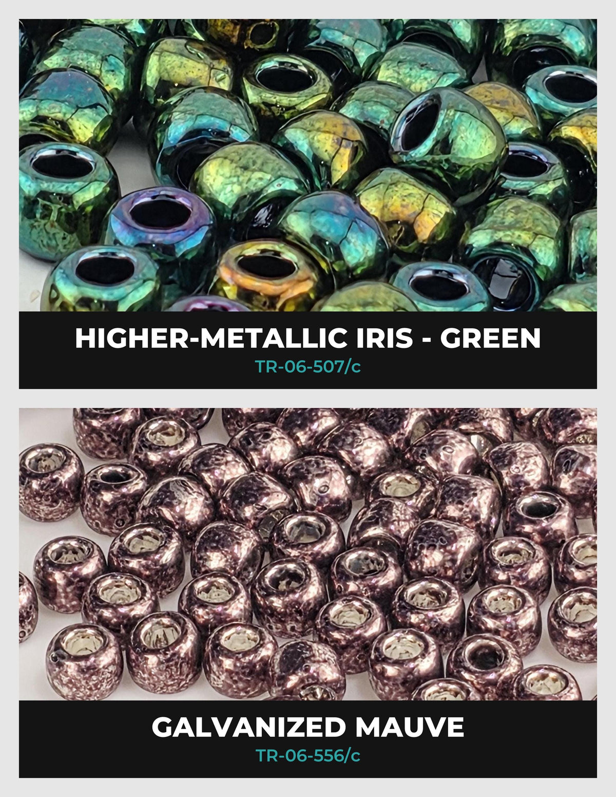 two different types of beads: metallic iridescent beads in green and purple, and metallic mauve beads in pink.