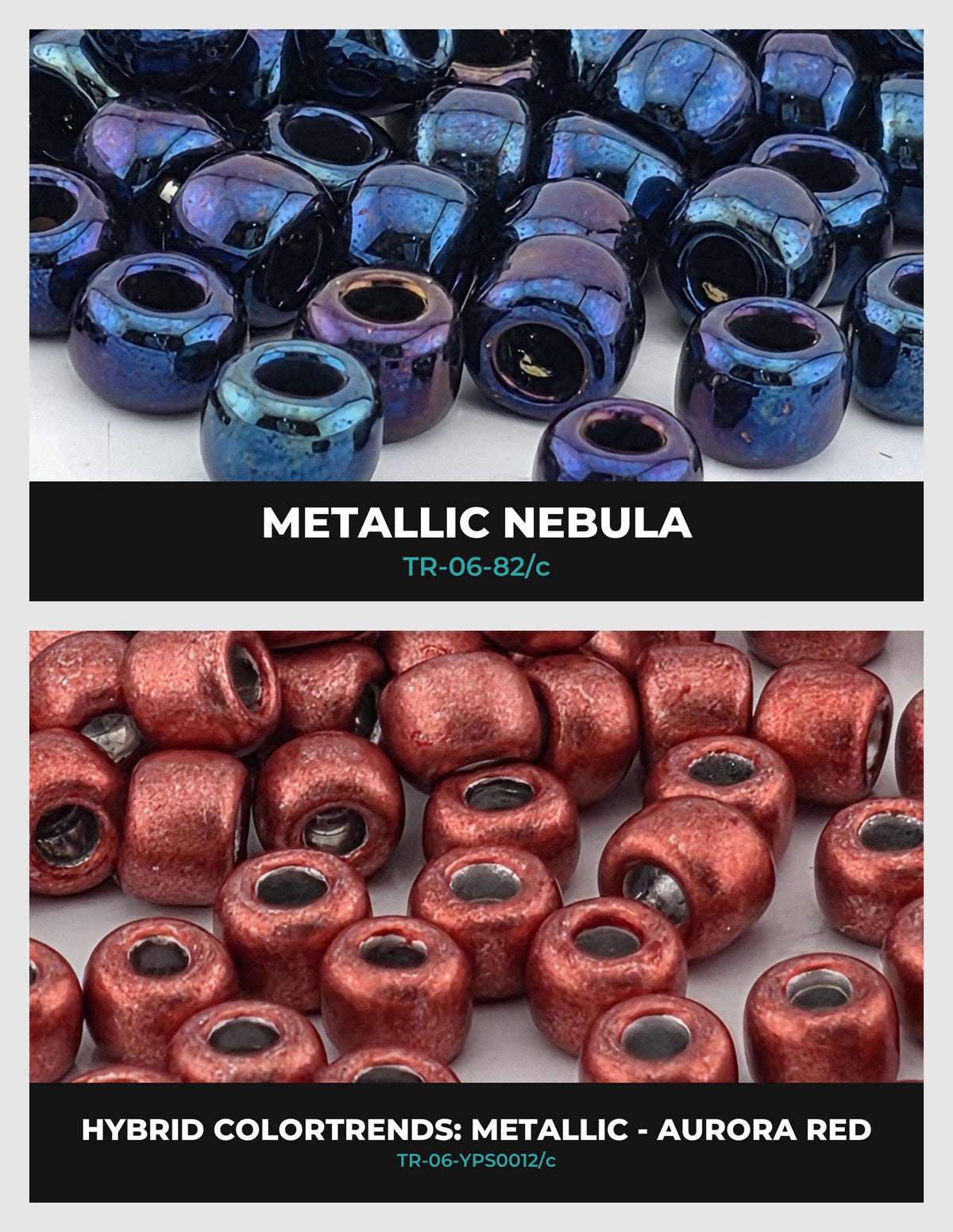 The image is a collage of two images. The top image shows a collection of metallic nebula beads in various shades of blue and purple, while the bottom image displays a collection of red and orange beads.