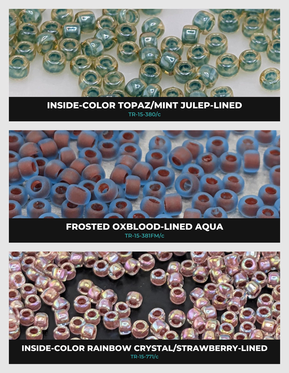 three different types of beads, each with a unique color and pattern. The beads are arranged in a way that showcases their distinct characteristics.