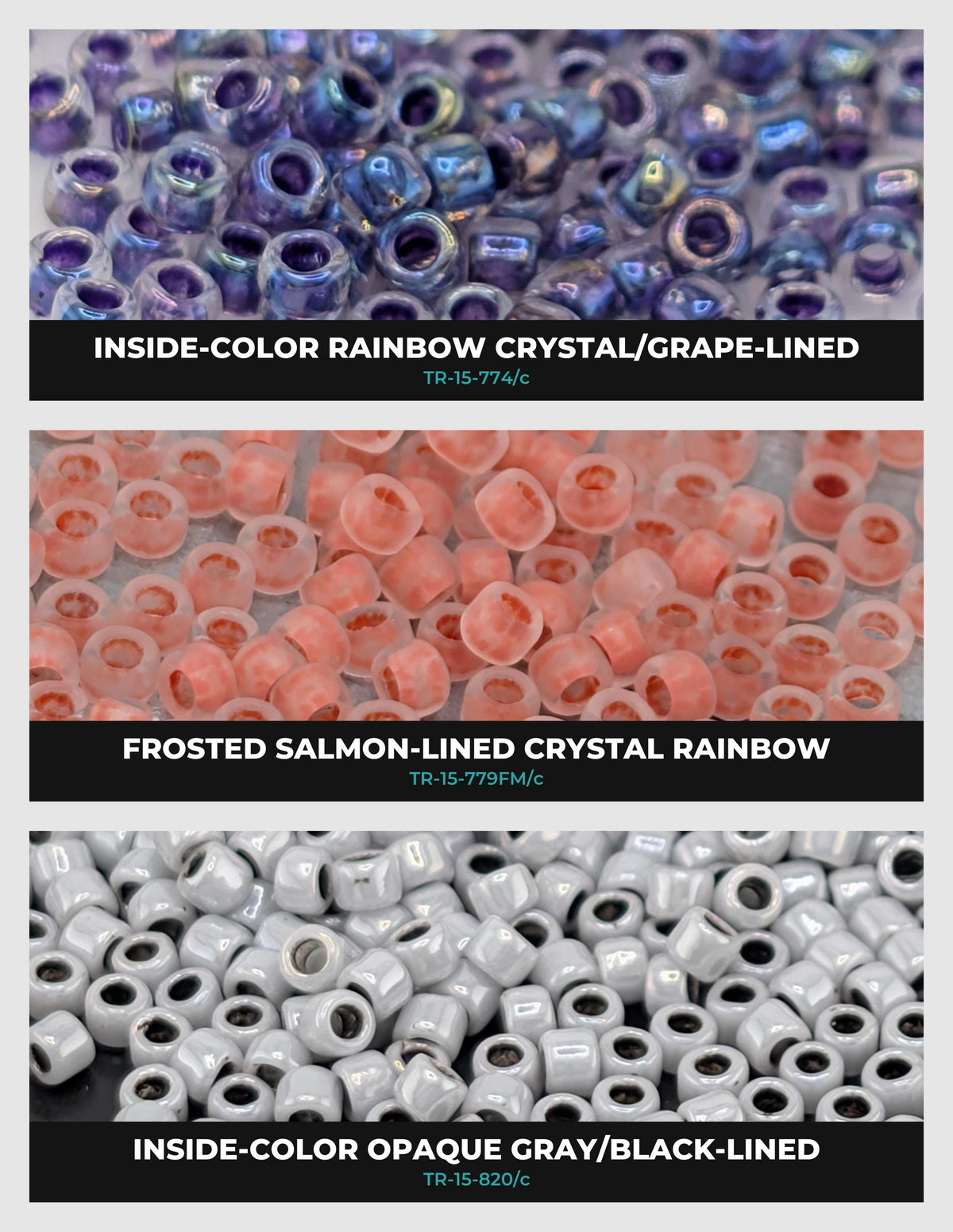 three different types of beads, each with a unique color and pattern. The first bead is a rainbow crystal/grape-lined bead, the second bead is a frosted salmon-lined crystal rainbow bead, and the third bead is a gray opaque gray/black-lined bead.