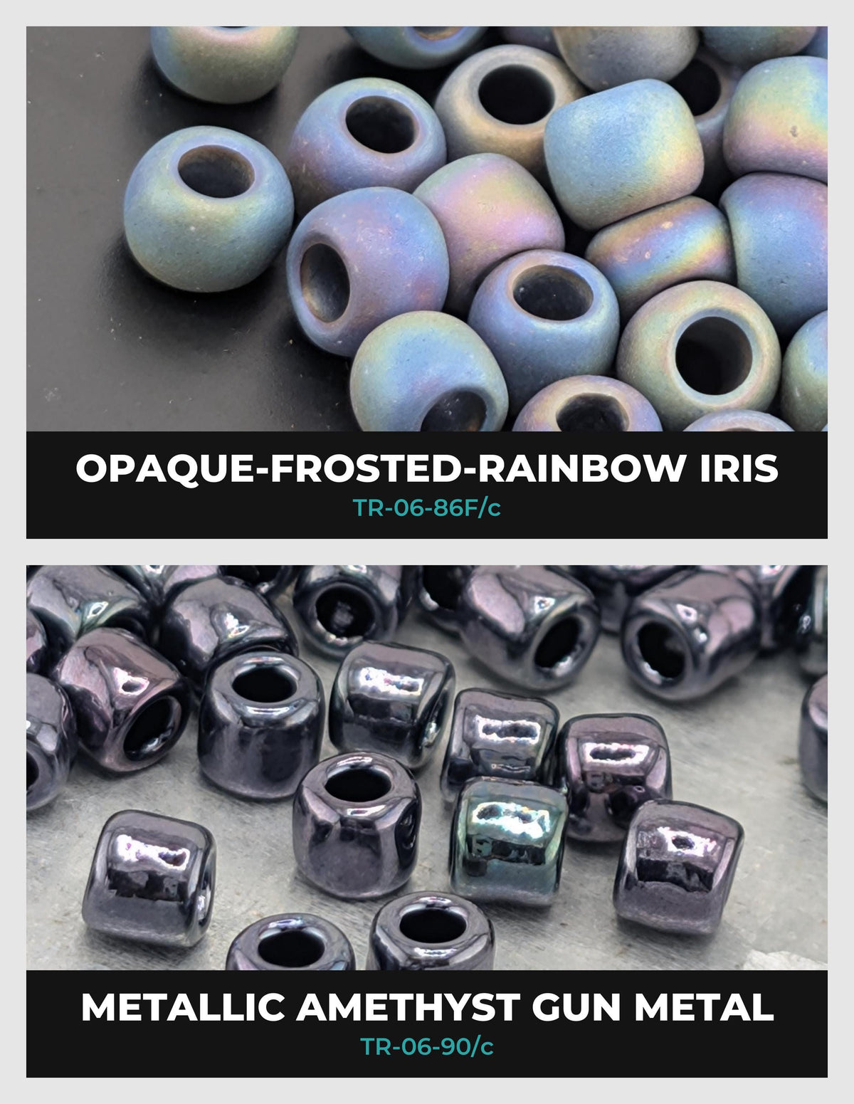 The image is a collage of two photographs. The top photograph shows a collection of multicolored glass beads, while the bottom photograph displays a pile of metallic beads.