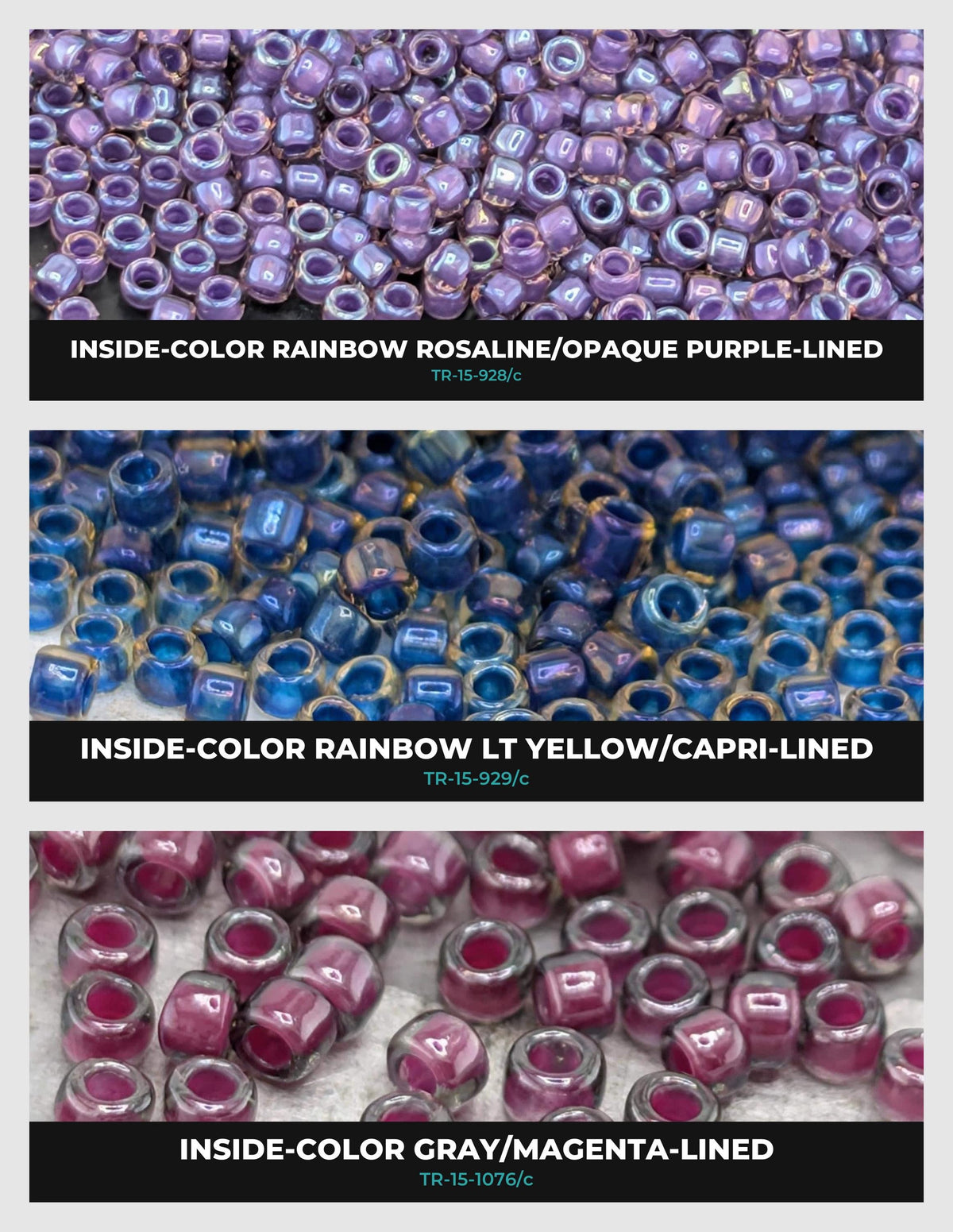 three different types of beads, each with a distinct color and pattern. The first bead is purple and has a rainbow-like pattern. The second bead is a combination of purple and yellow, and the third bead is a mix of purple and gray.