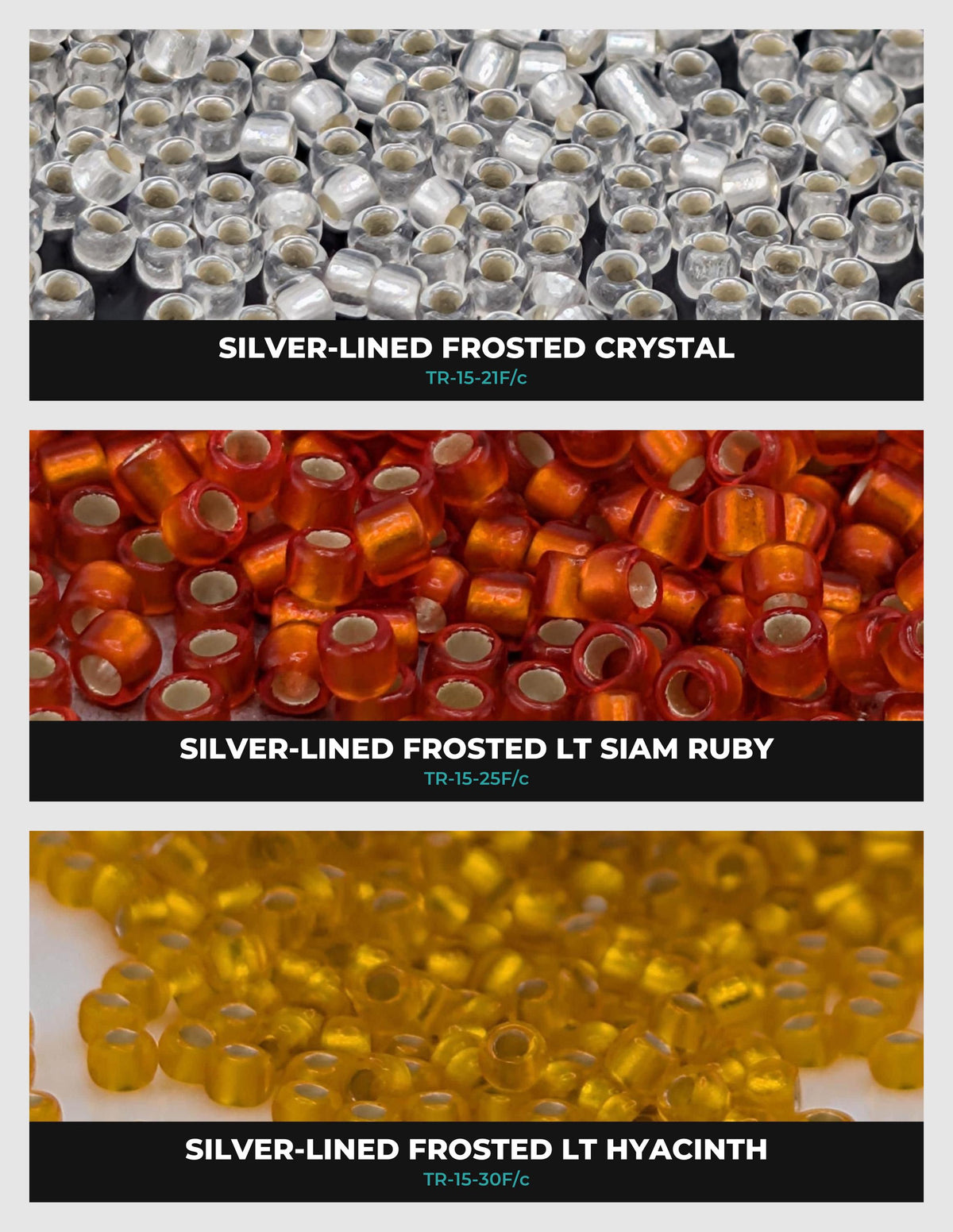 three different types of beads, each with a unique color and texture: silver-lined frosted crystal beads, silver-lined frosted LT Siam Ruby beads, and silver-lined frosted LT Hyacinth beads.
