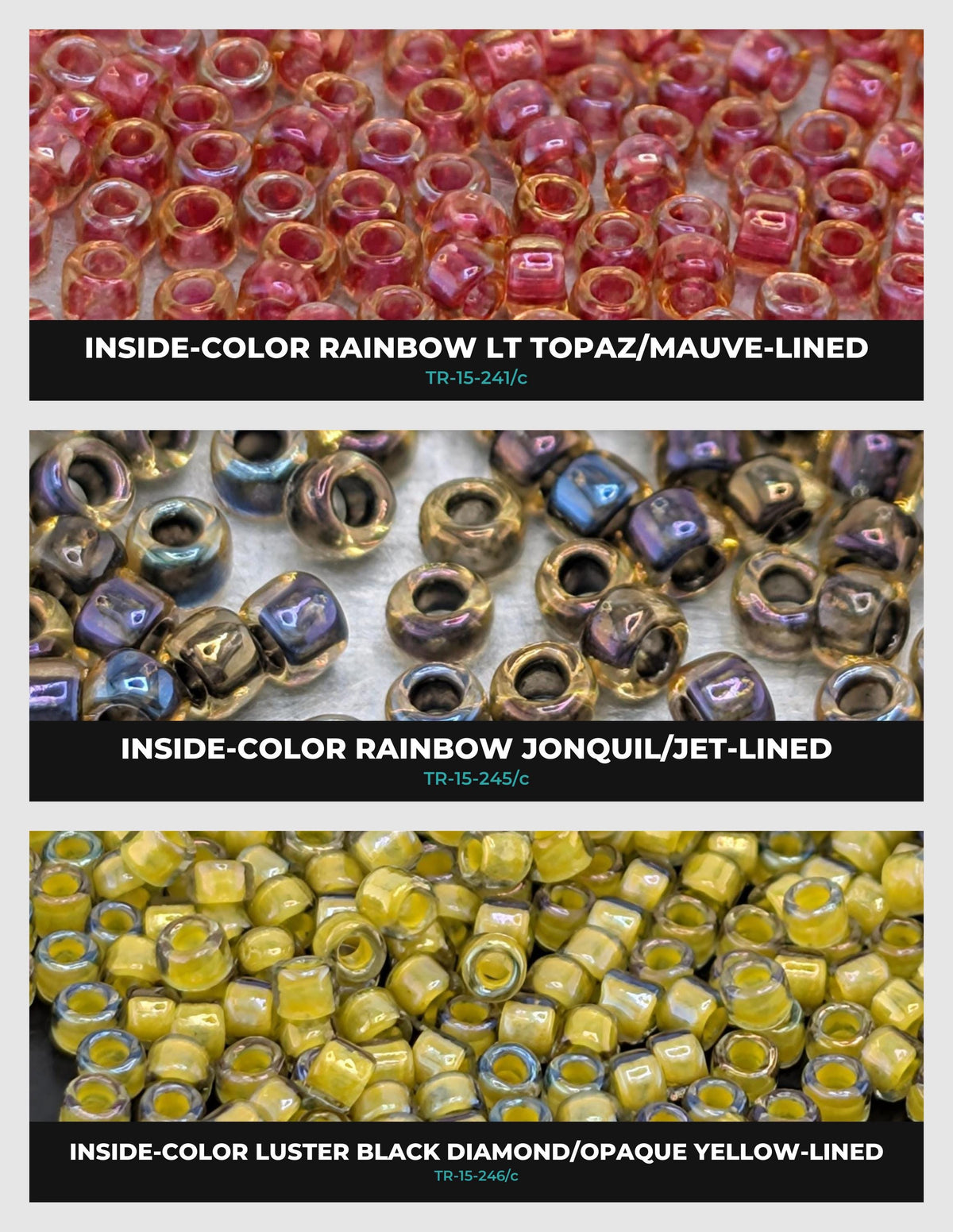 three different types of beads, each with a unique color and pattern. The first bead is a rainbow-colored glass bead, the second bead is a black diamond-shaped bead, and the third bead is a yellow-colored glass bead.