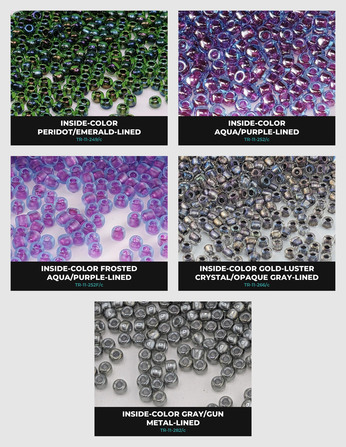 six different types of beads, each with a unique color and texture. The beads are arranged in a grid format, with each row representing a different type of bead and each column representing a different color. The beads are spread across the image, creating a visually appealing and diverse display.