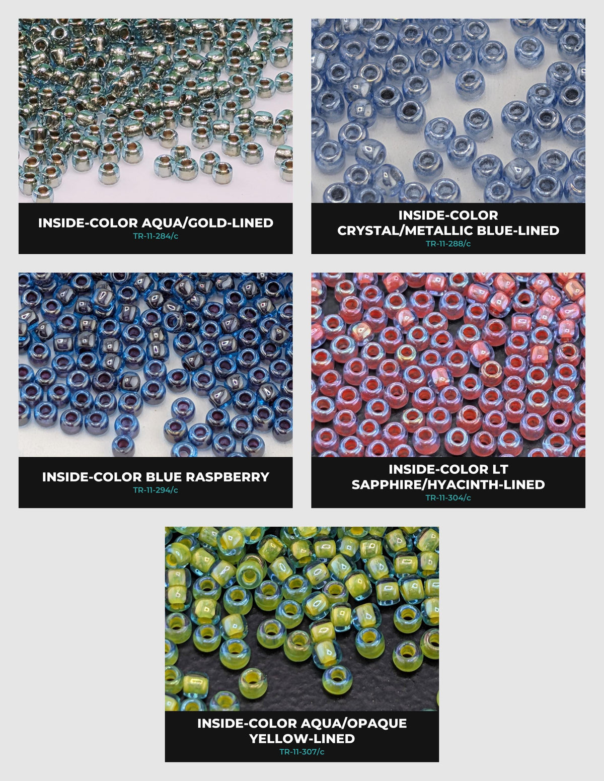 a collection of six different types of beads, each with a unique color and texture. The beads are arranged in a grid format, with each row representing a different type of bead and each column representing a different color. The colors of the beads include blue, green, red, yellow, and silver. The image does not contain any text, and the arrangement of the beads suggests a deliberate and organized presentation.