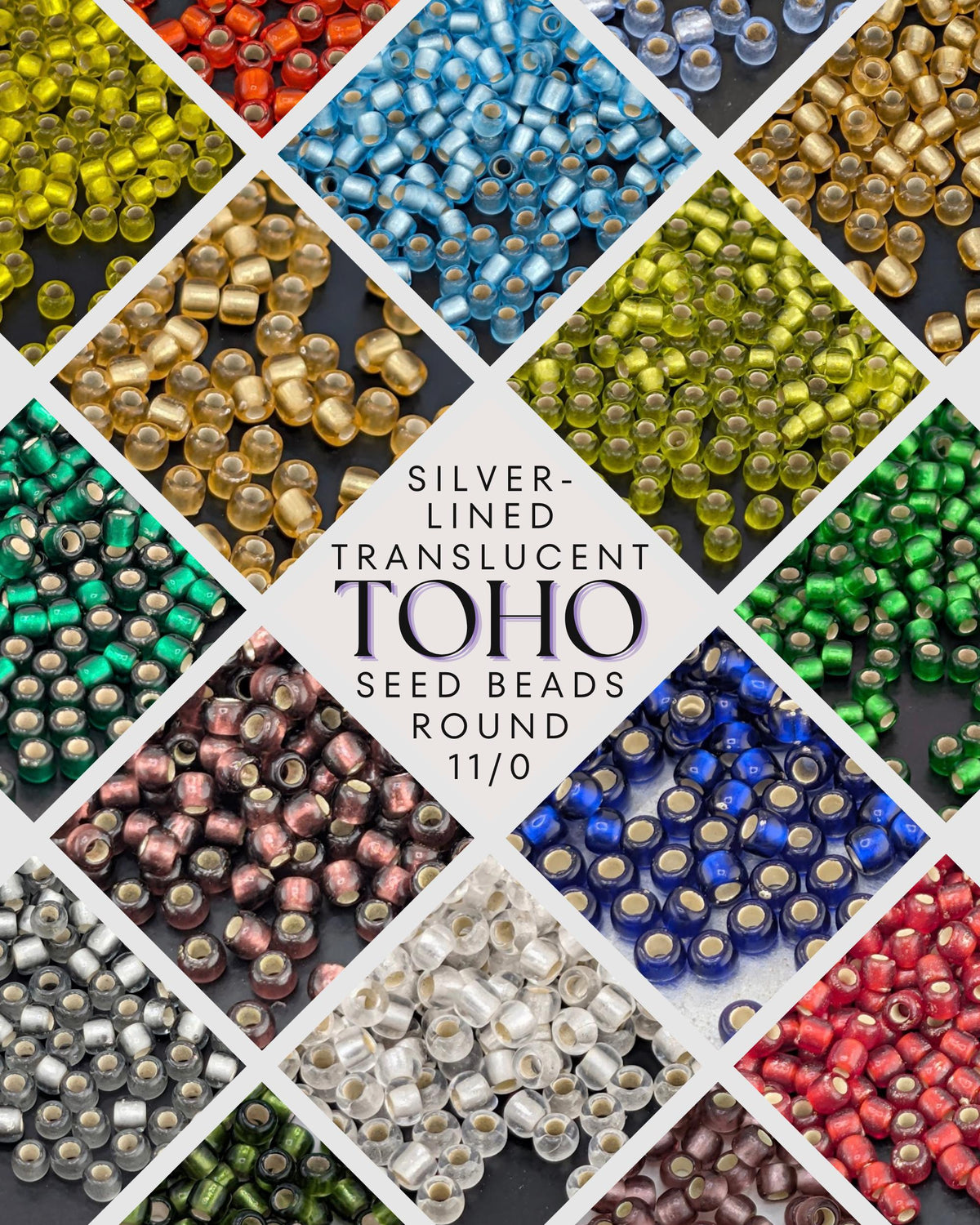 The image is a collage of various colored seed beads, including silver, transparent, and round beads, arranged in a diamond pattern.