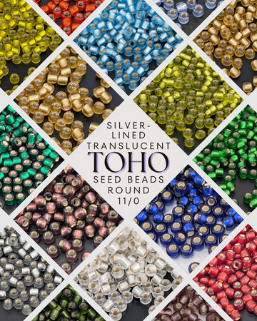 The image is a collage of various colored seed beads, including silver, transparent, and round beads, arranged in a diamond pattern.