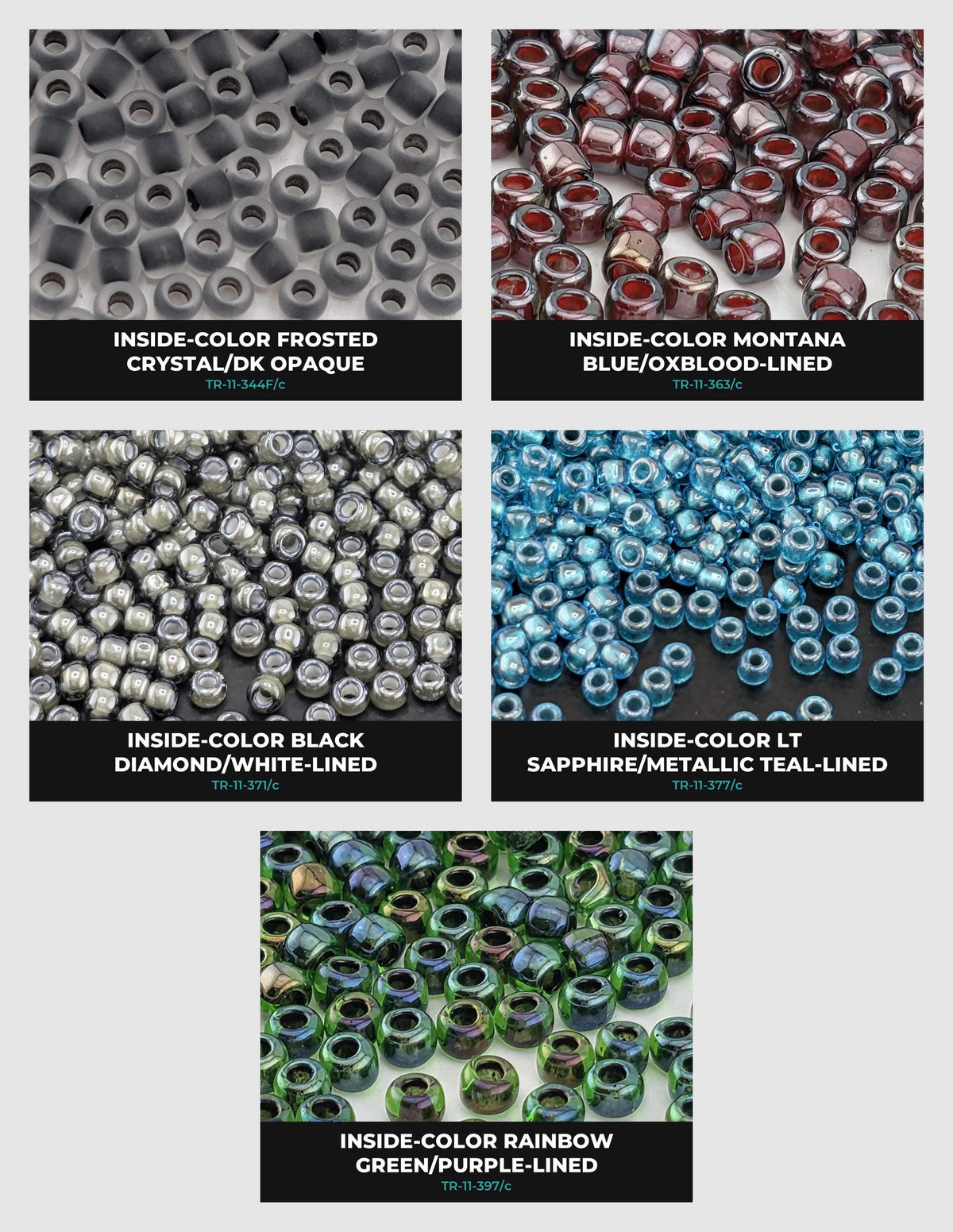 six different types of beads, each with a unique color and texture, arranged in a grid format.