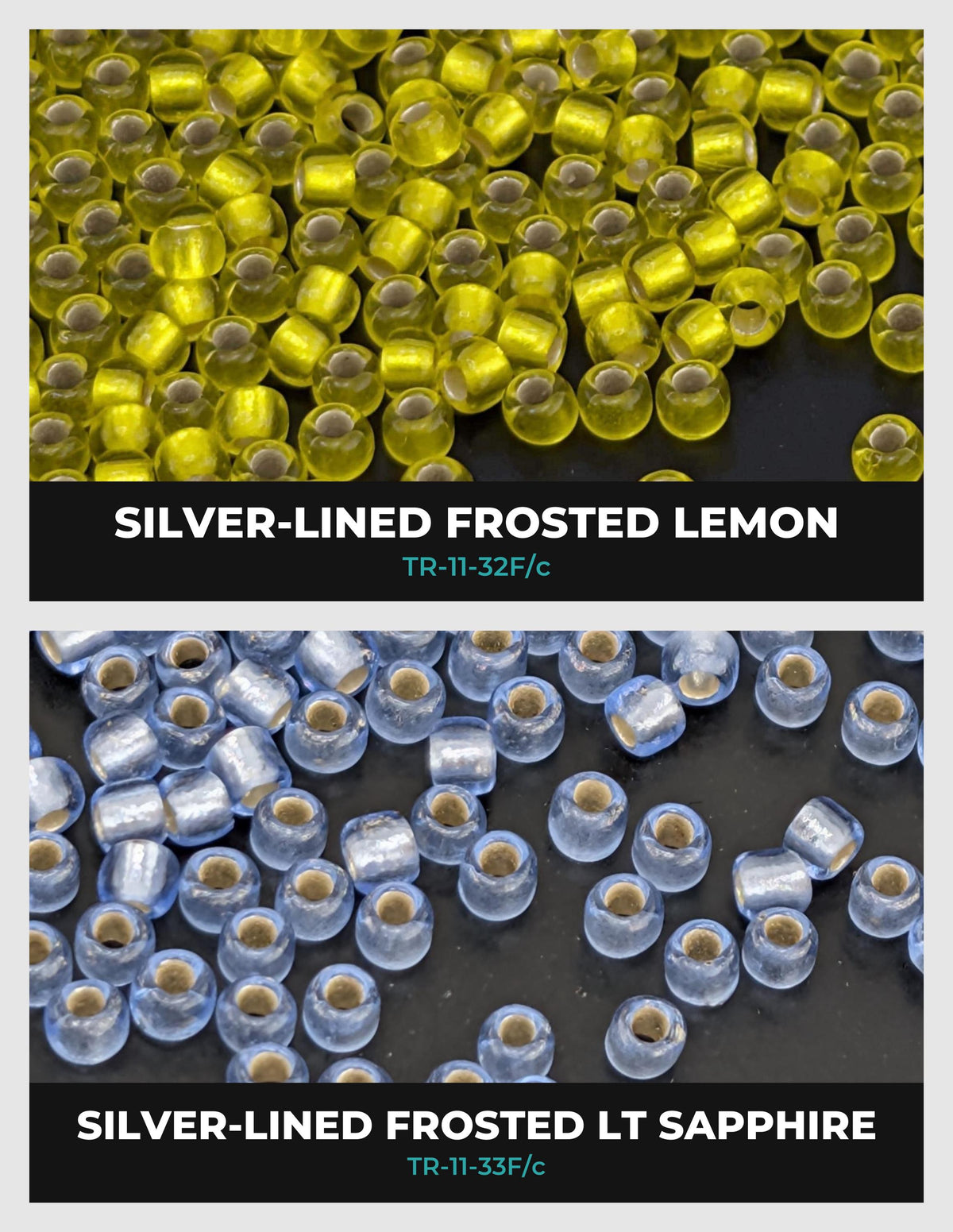 two different types of beads: silver-lined frosted lemon beads and silver-lined frosted Lt sapphire beads.