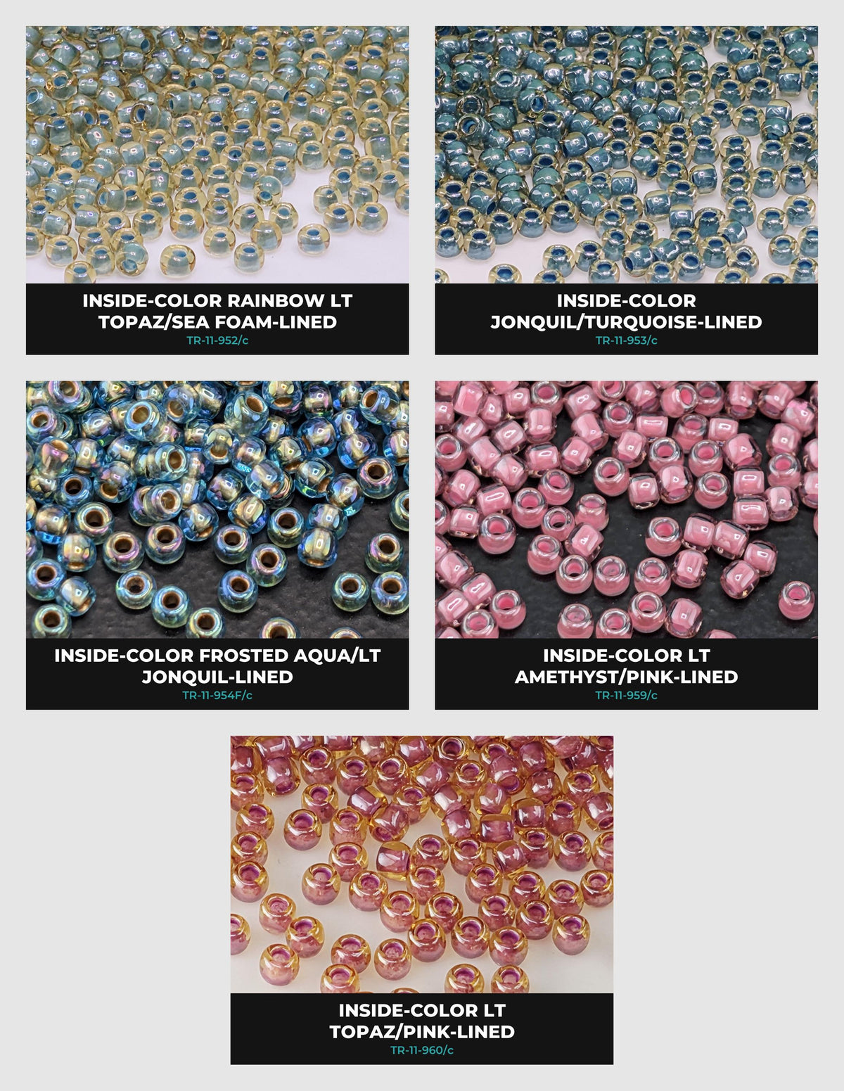 six different images of beads, each with a unique color and pattern. The beads are arranged in a grid format, with each row representing a different color and each column representing a different type of bead. The images showcase a variety of colors and patterns, including rainbow, jonquil, amber, and pink.