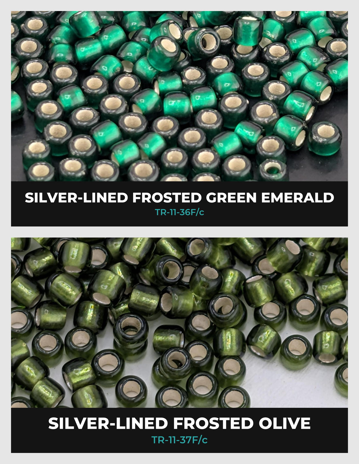 two separate images of green beads, one with a silver lining and the other with a frosted olive lining. The text above the images indicates the type of beads in each case.
