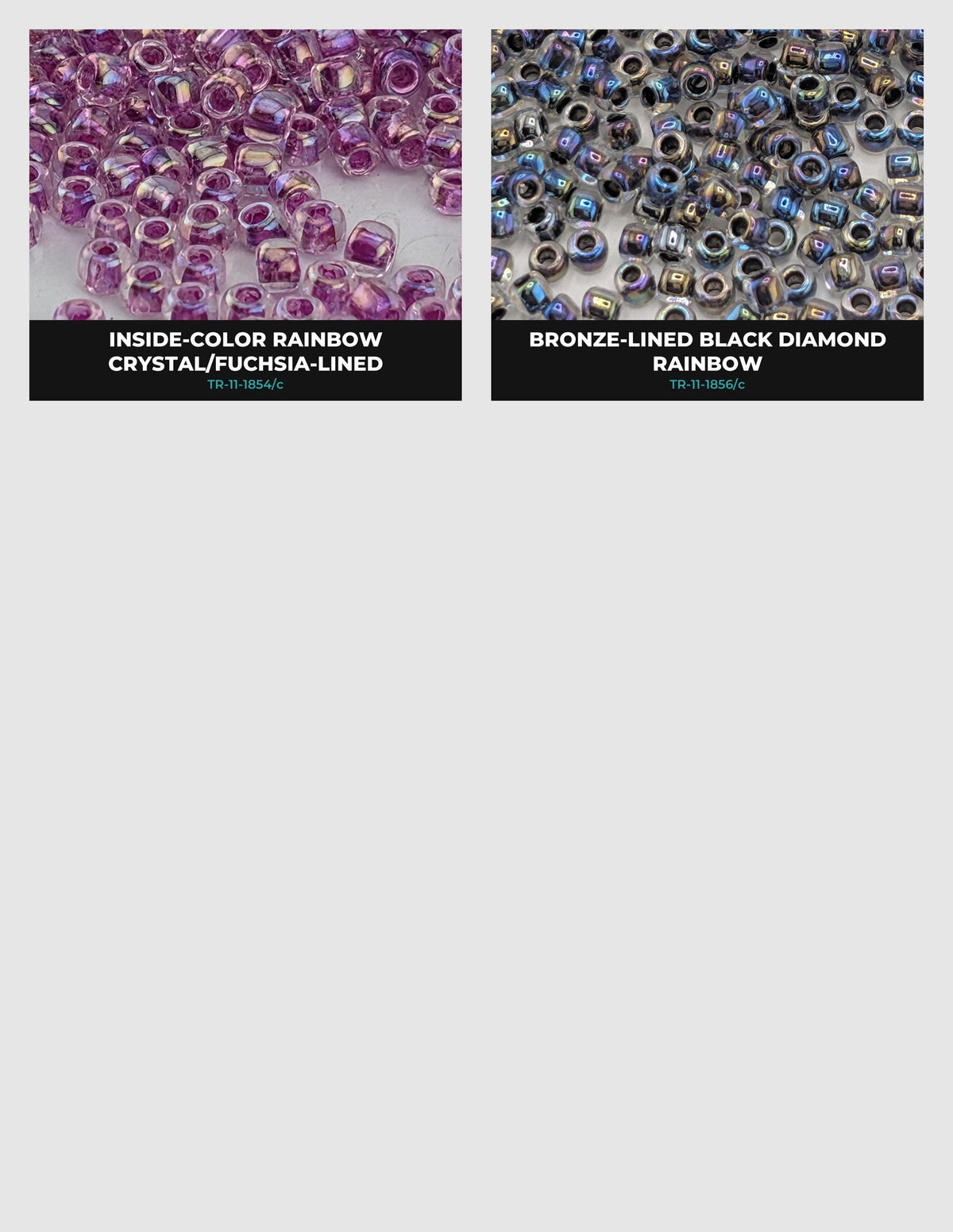 two separate images of beads, one with a color rainbow pattern and the other with a black diamond pattern.