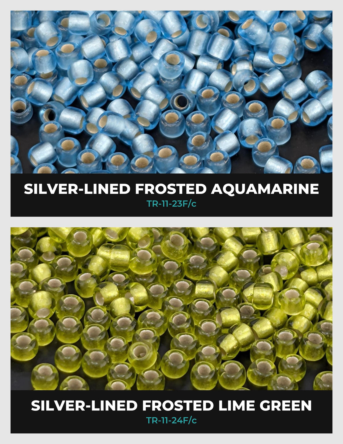 two different types of beads, one silver-lined frosted aquamarine and one frosted lime green, both with a textured surface.